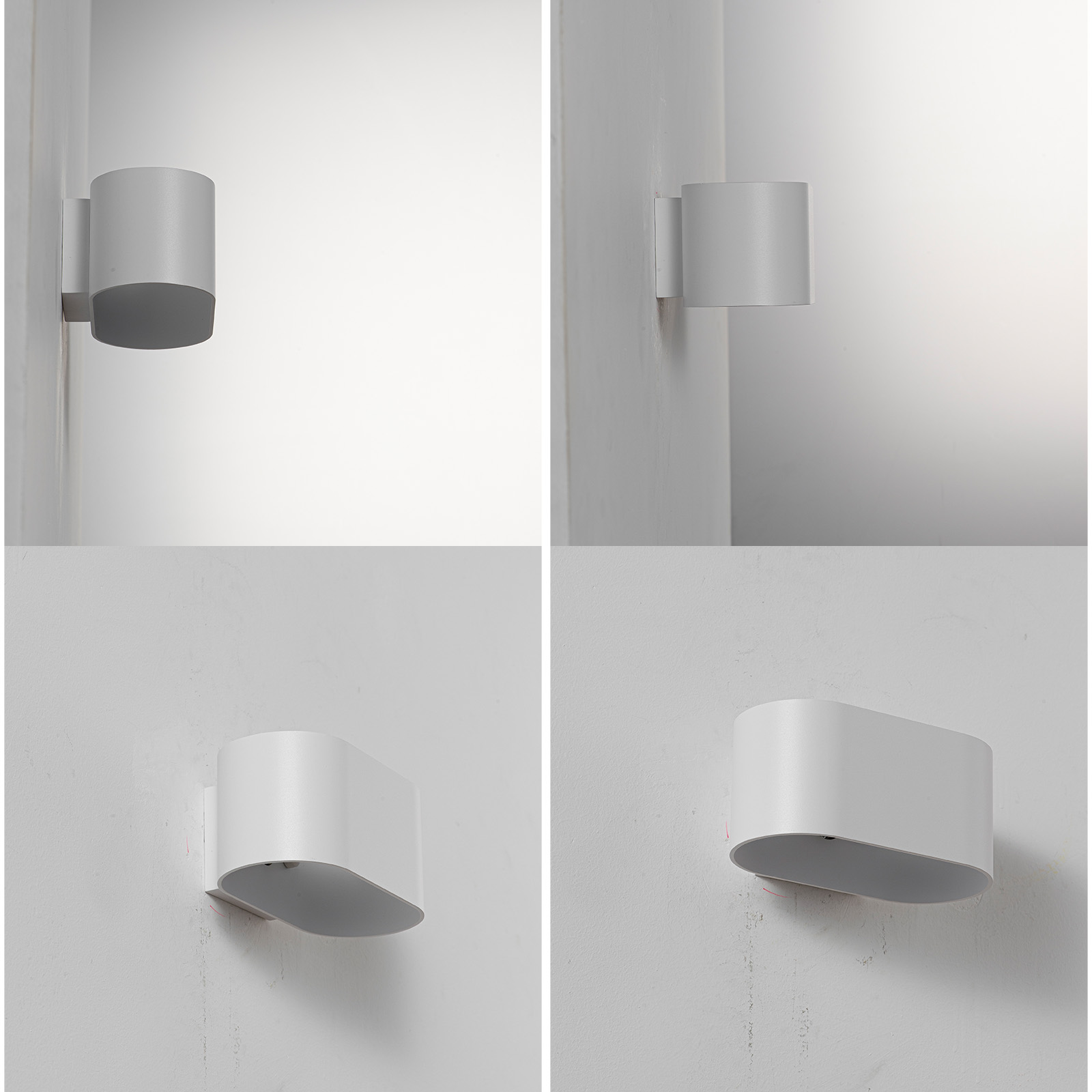 Cuatro vistas de luces de pared blancas, que muestran diferentes ángulos y ubicaciones en una pared blanca.