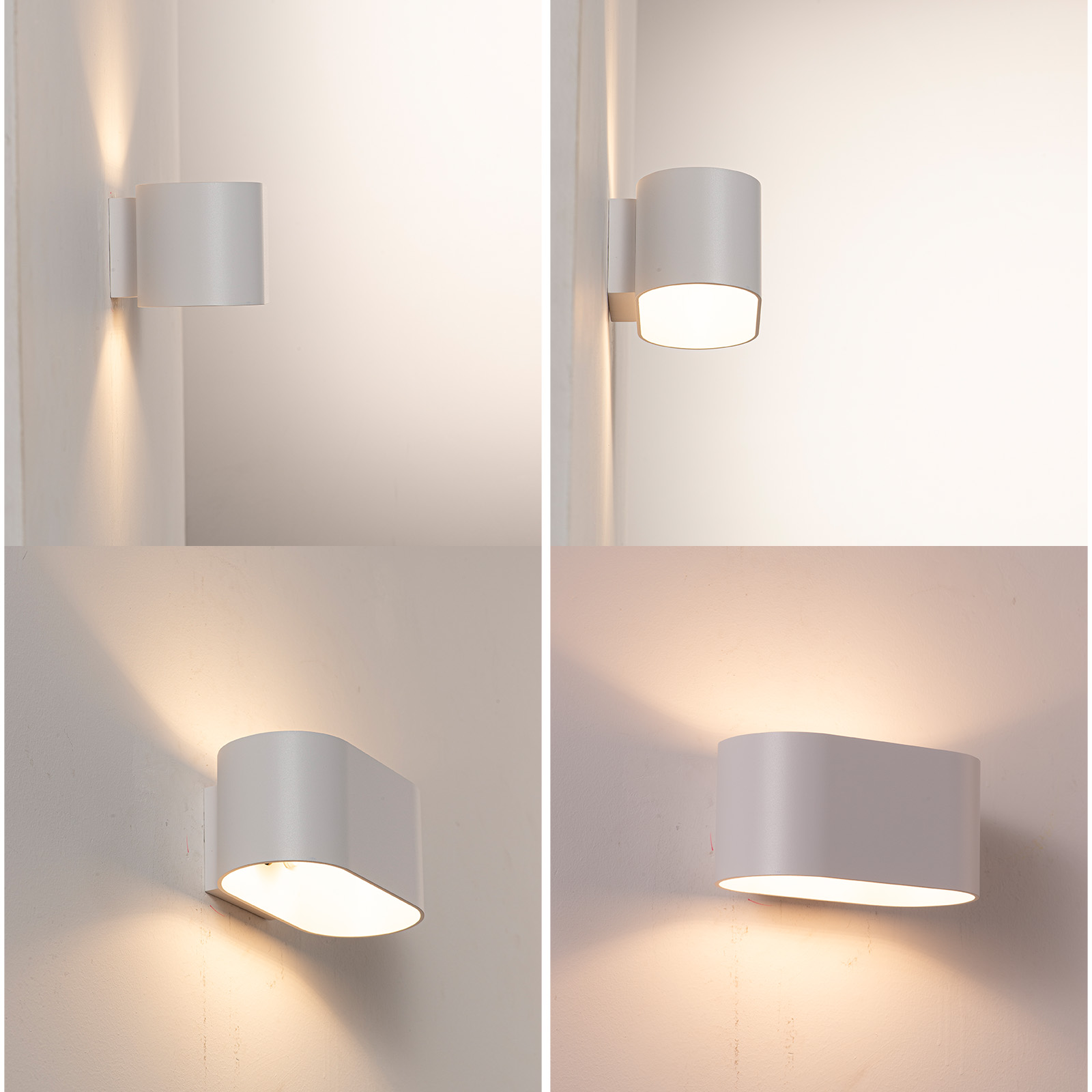 Cuatro imágenes mostrando diferentes vistas de lámparas de pared blancas emitiendo luz en una pared blanca. Varios diseños.