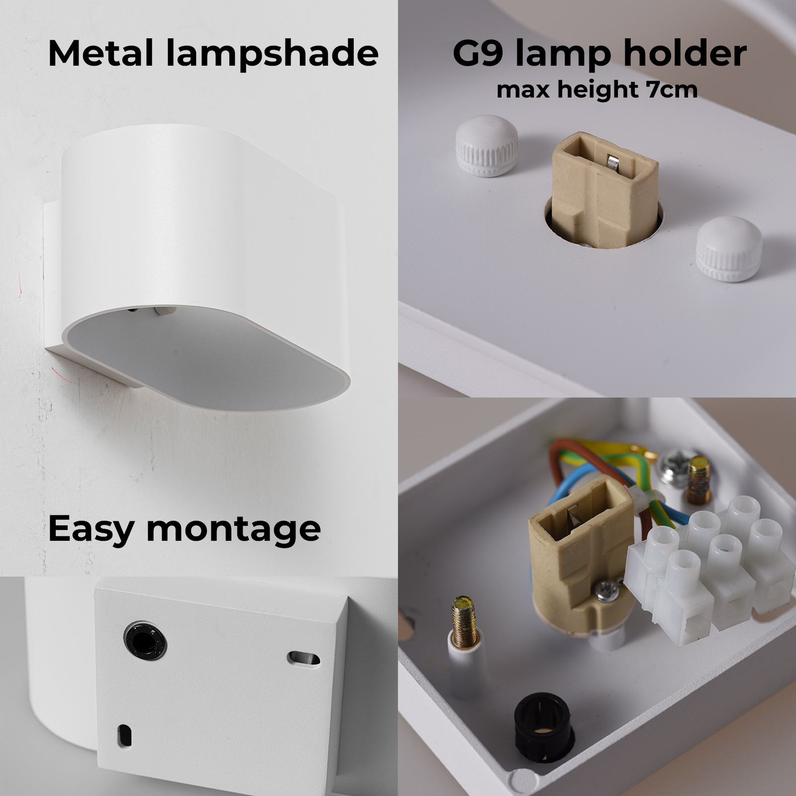 Imágenes de primer plano de una lámpara de pared blanca. Muestra una pantalla de metal, un portalámparas G9 y detalles de montaje fáciles.
