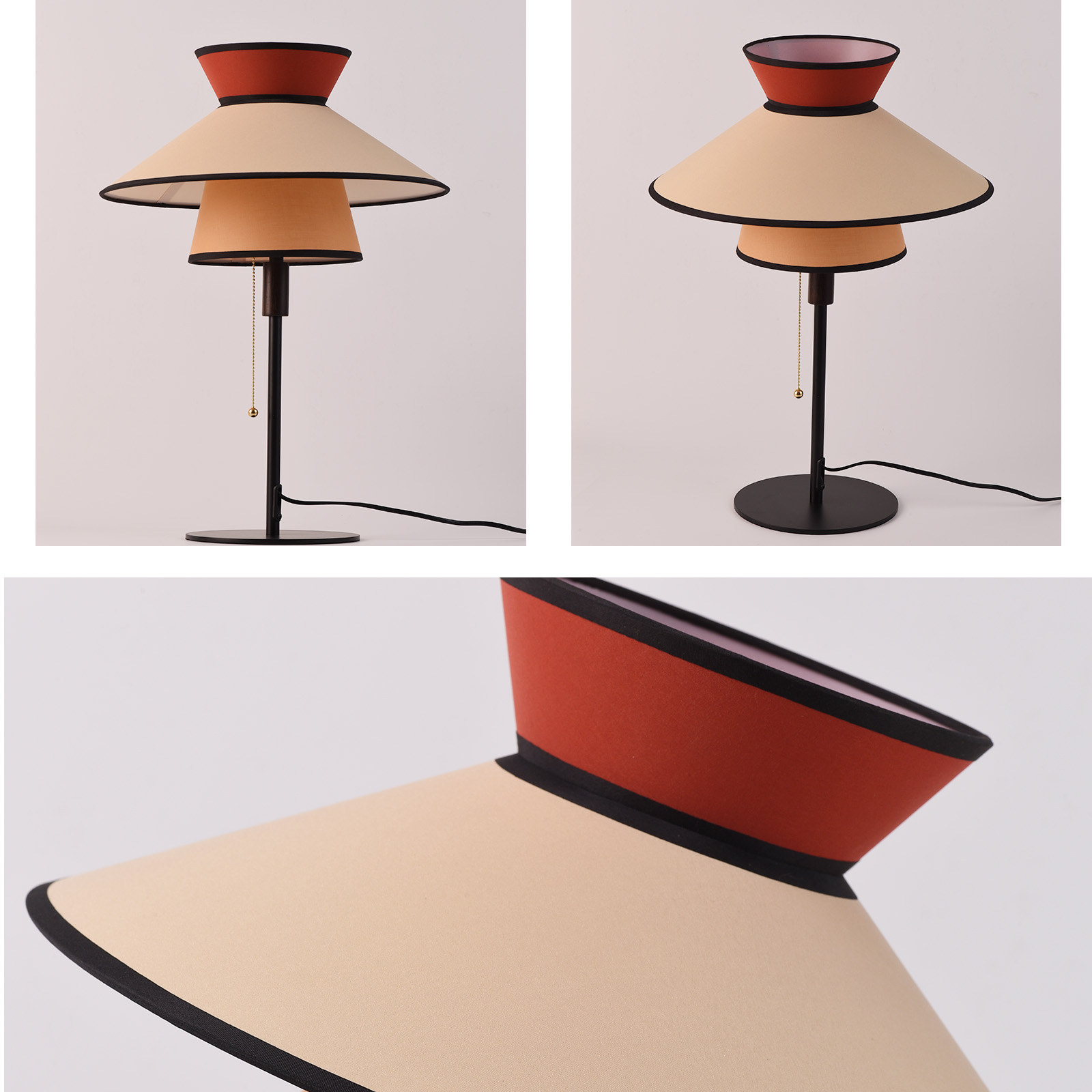 Tres imágenes de una lámpara de mesa con base negra, pantalla beige y roja, y una cadena. Diferentes ángulos.