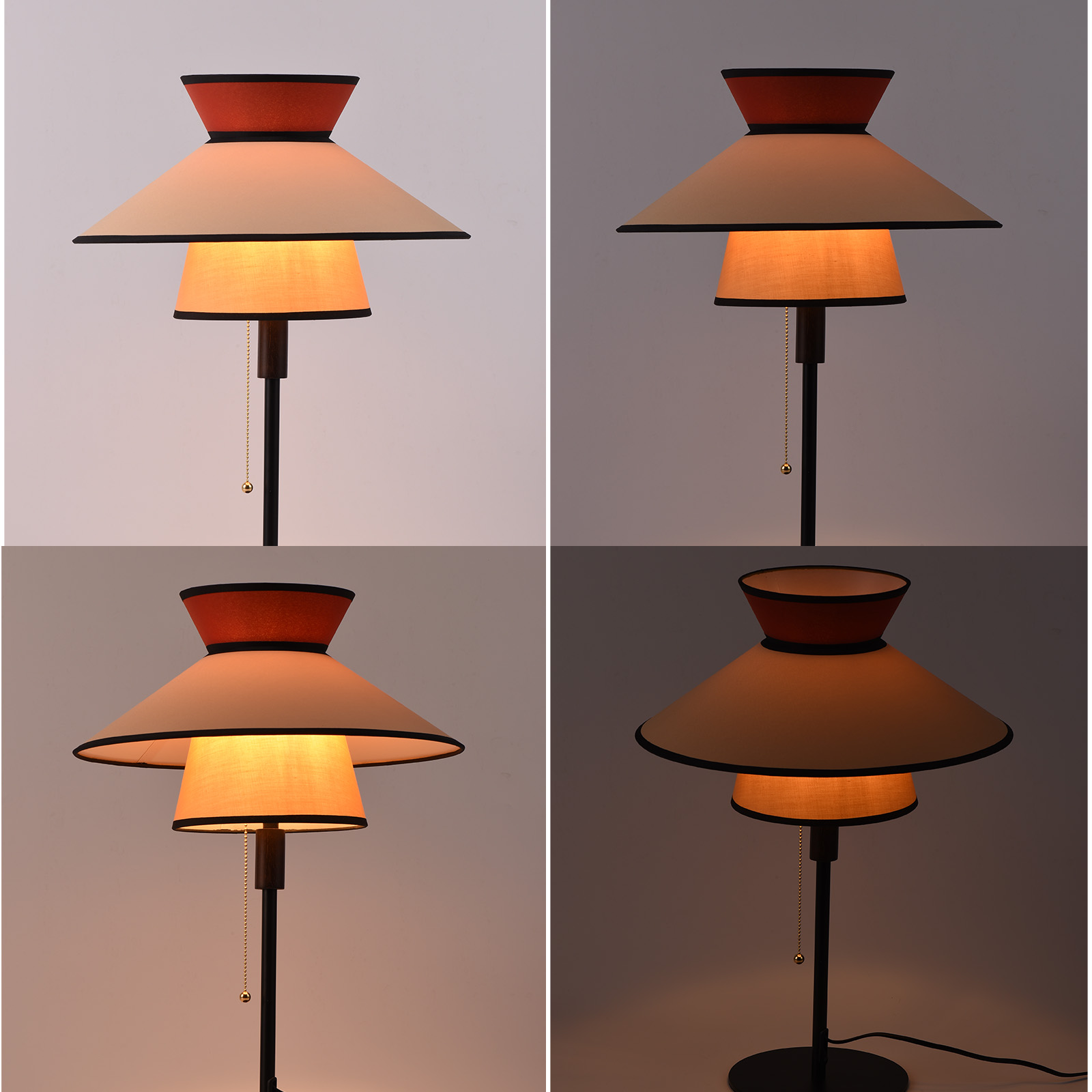 Cuatro imágenes que muestran una lámpara de mesa con base negra, pantalla beige y roja y una cadena. Iluminación variada.
