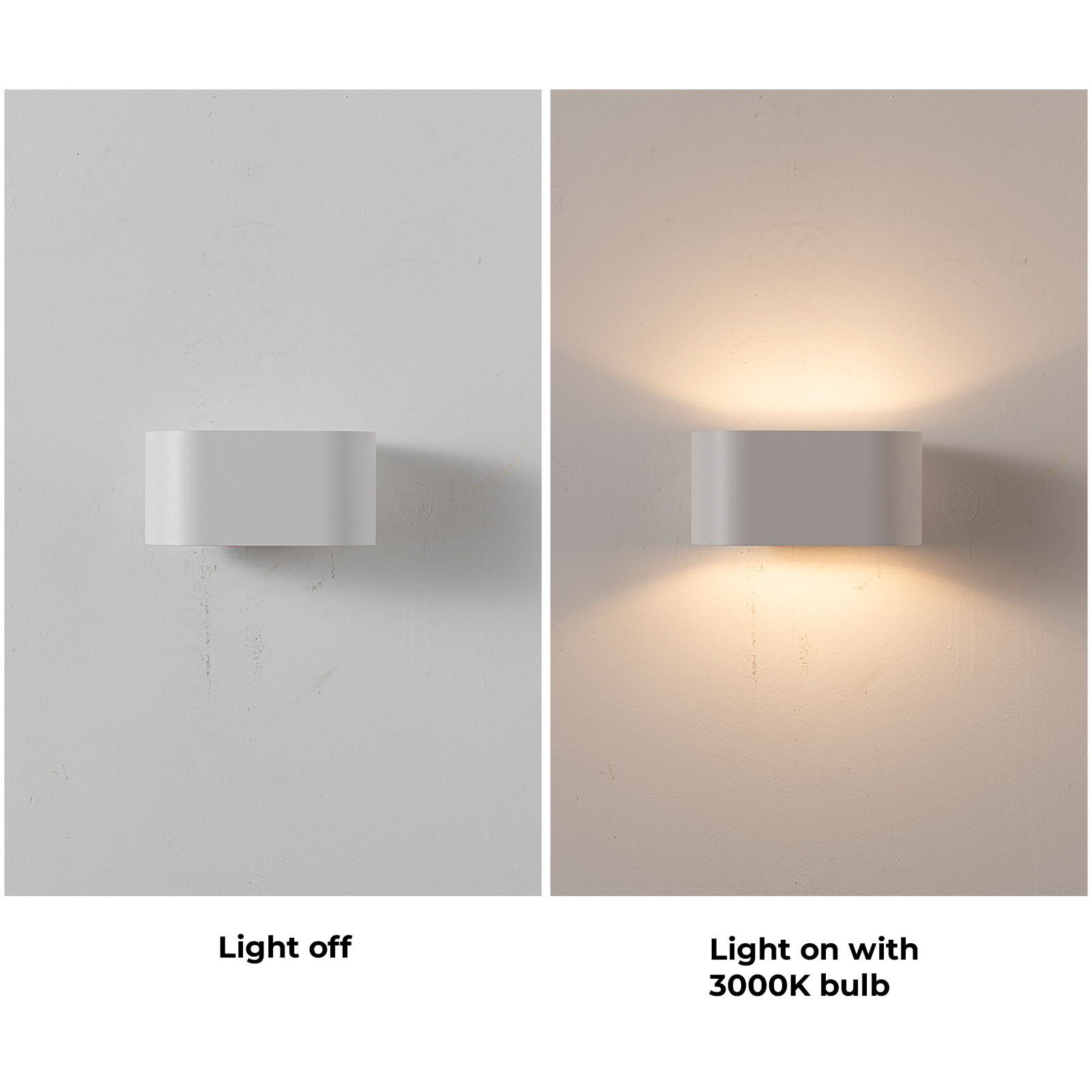 Dos imágenes de una lámpara de pared blanca. Una con la luz apagada, la otra con la luz encendida, mostrando un brillo cálido.