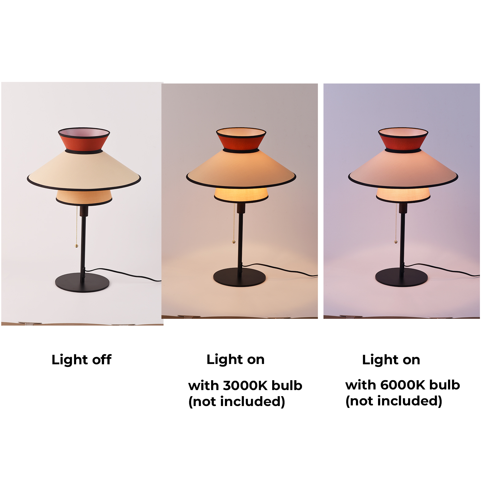 Se muestran tres lámparas con diferentes configuraciones de luz. La lámpara está encendida y apagada con bombillas de 3000K y 6000K.