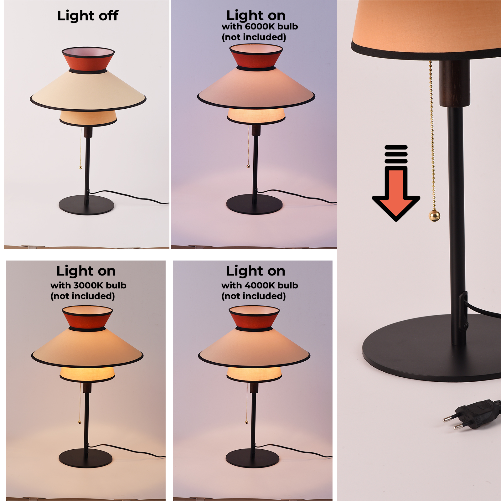 Una lámpara de mesa con tres pantallas. La imagen muestra la luz apagada y encendida con diferentes bombillas.