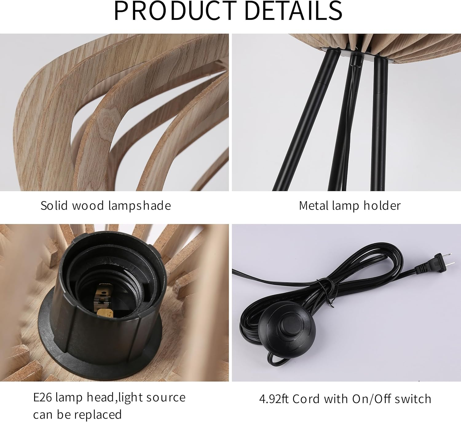 Imágenes de detalles del producto que muestran la pantalla de madera, el portalámparas metálico y el cable con interruptor.