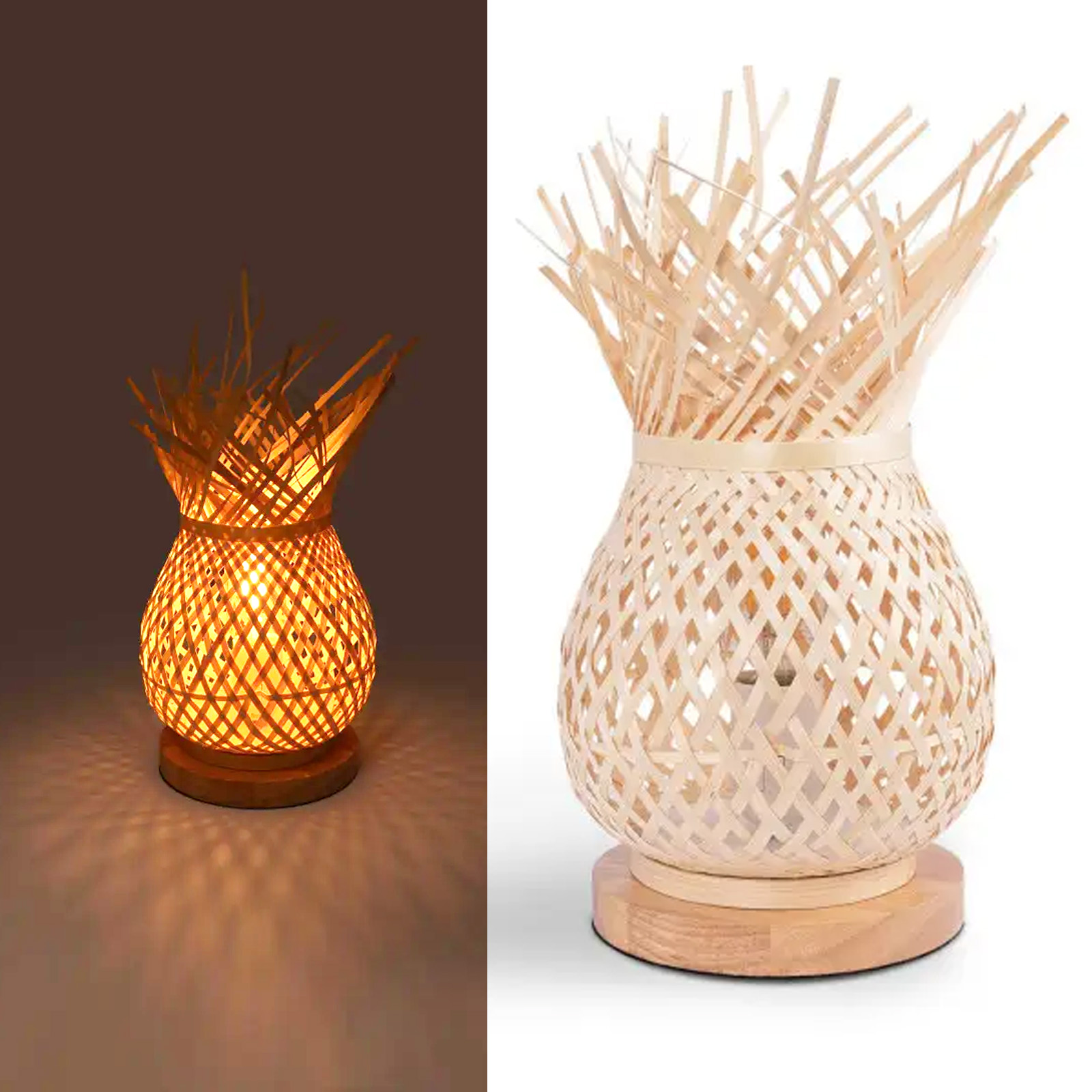 Lámpara de bambú tejido con forma de piña, iluminada desde adentro.