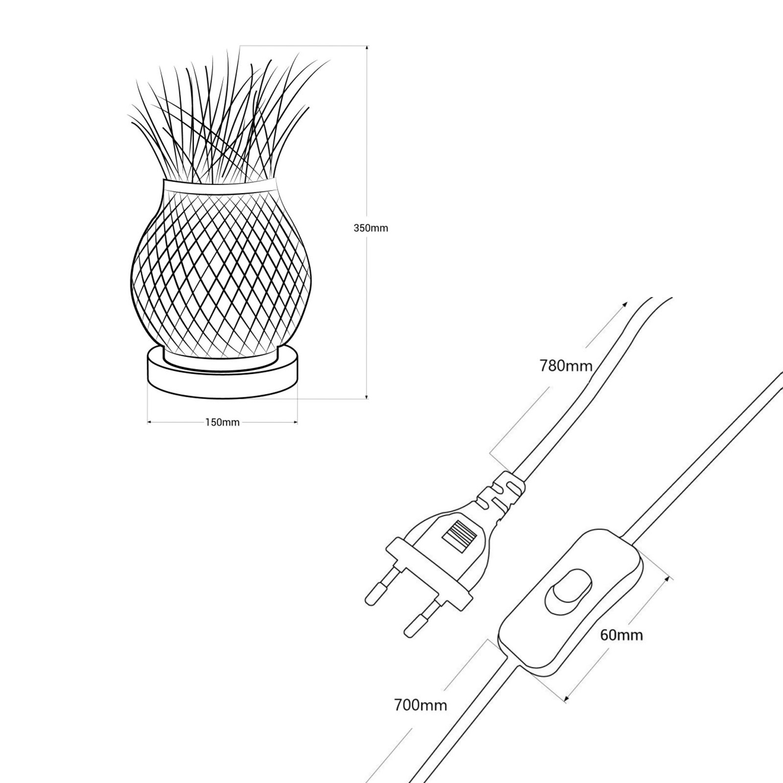 Dibujo lineal de una lámpara de bambú con dimensiones y cable con interruptor.