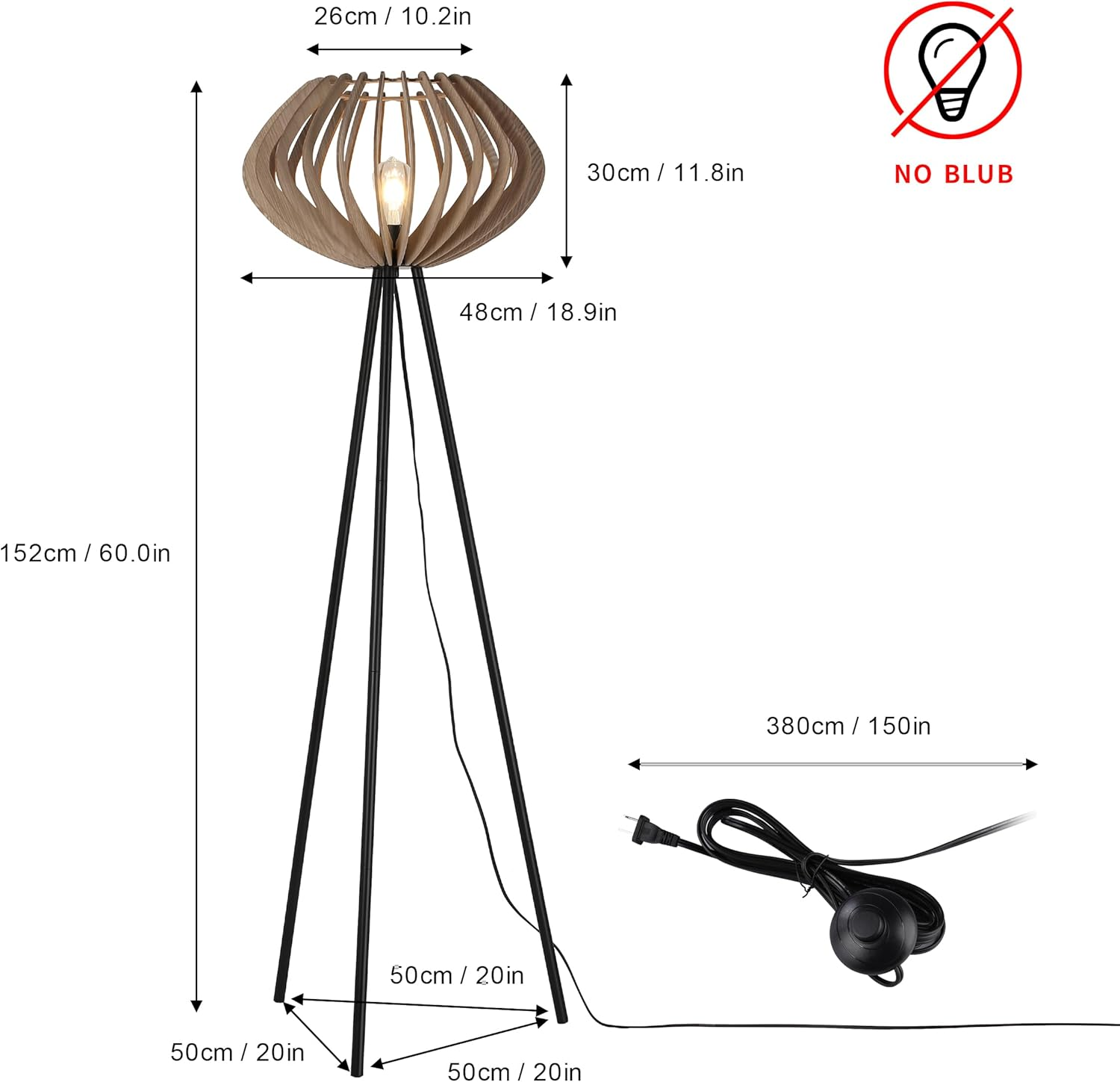 Lámpara alta de madera con pantalla de madera y base de trípode, con medidas y cable.