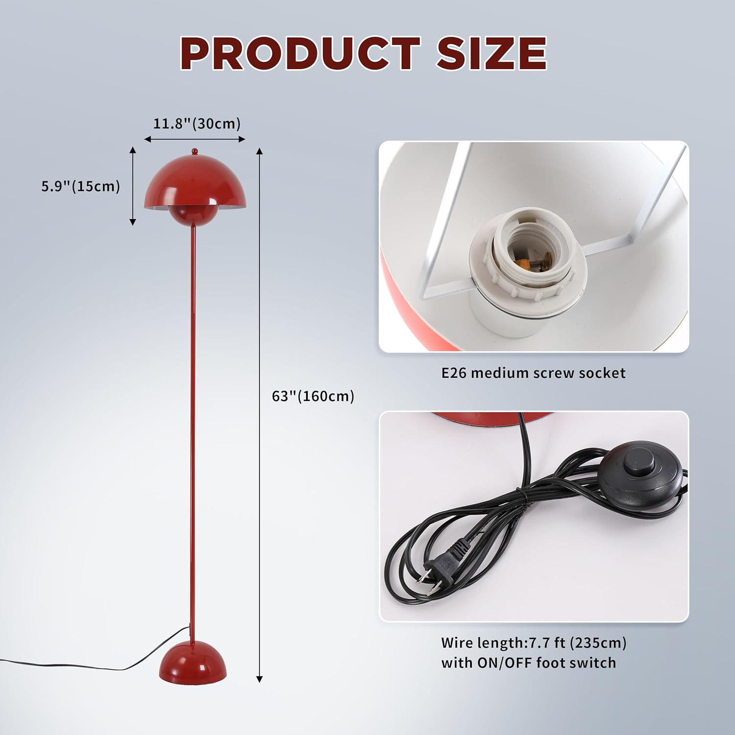 Una lámpara de pie roja con una pantalla redonda. Muestra las dimensiones y el tipo de enchufe y el interruptor de pie.