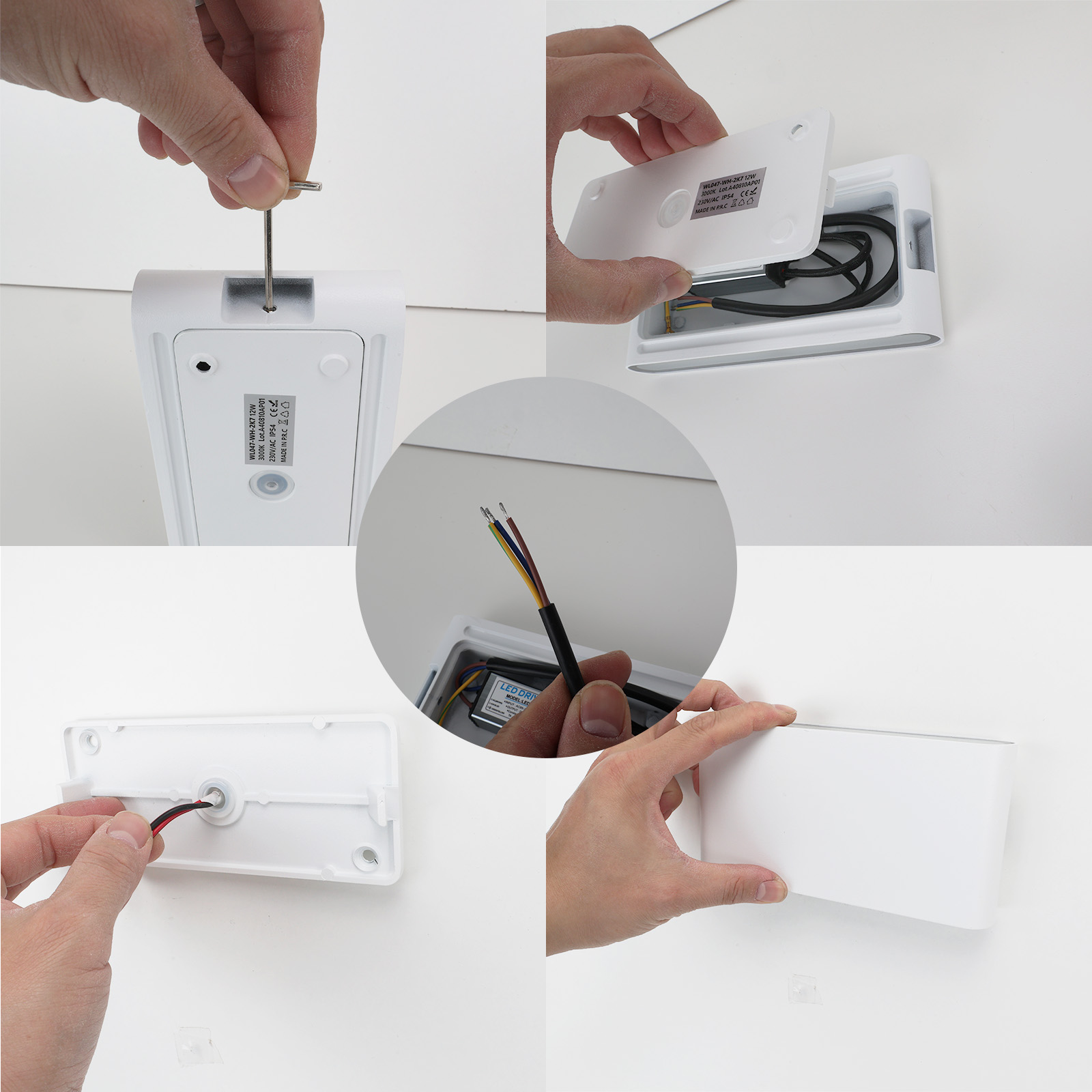 Una luz de pared blanca que se abre. Cableado interno y controlador LED son visibles, junto con la etiqueta.