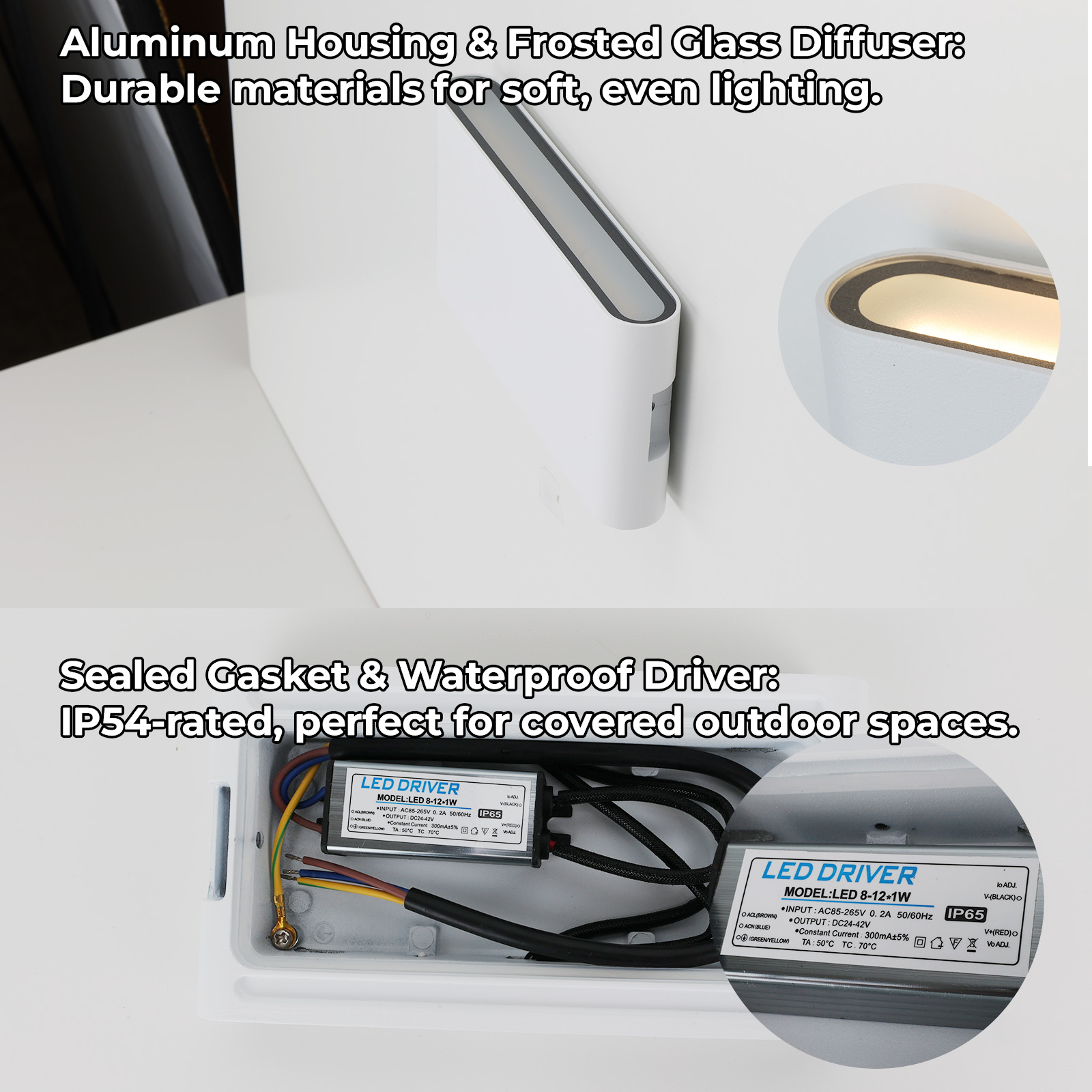 Primer plano de una lámpara de pared blanca. Muestra carcasa de aluminio, difusor de vidrio esmerilado y el controlador LED.