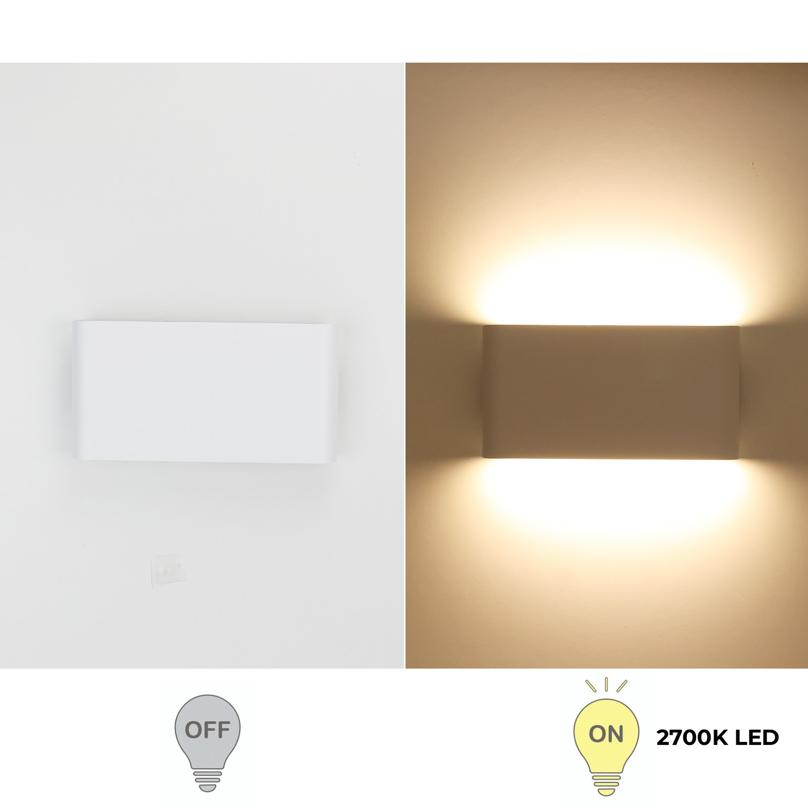 Dos imágenes de una luz de pared blanca. Una está apagada, la otra está encendida. La luz es LED de 2700K.