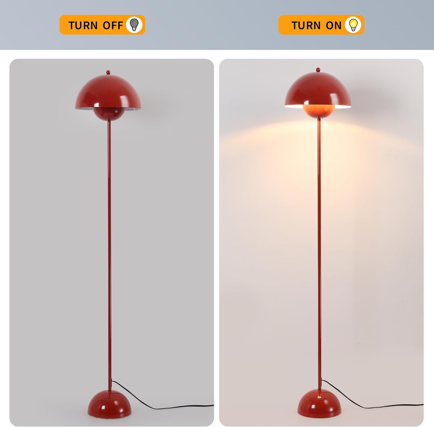 Una lámpara de pie roja encendida y apagada. Muestra la lámpara con una cabeza redonda y la luz encendida o apagada.