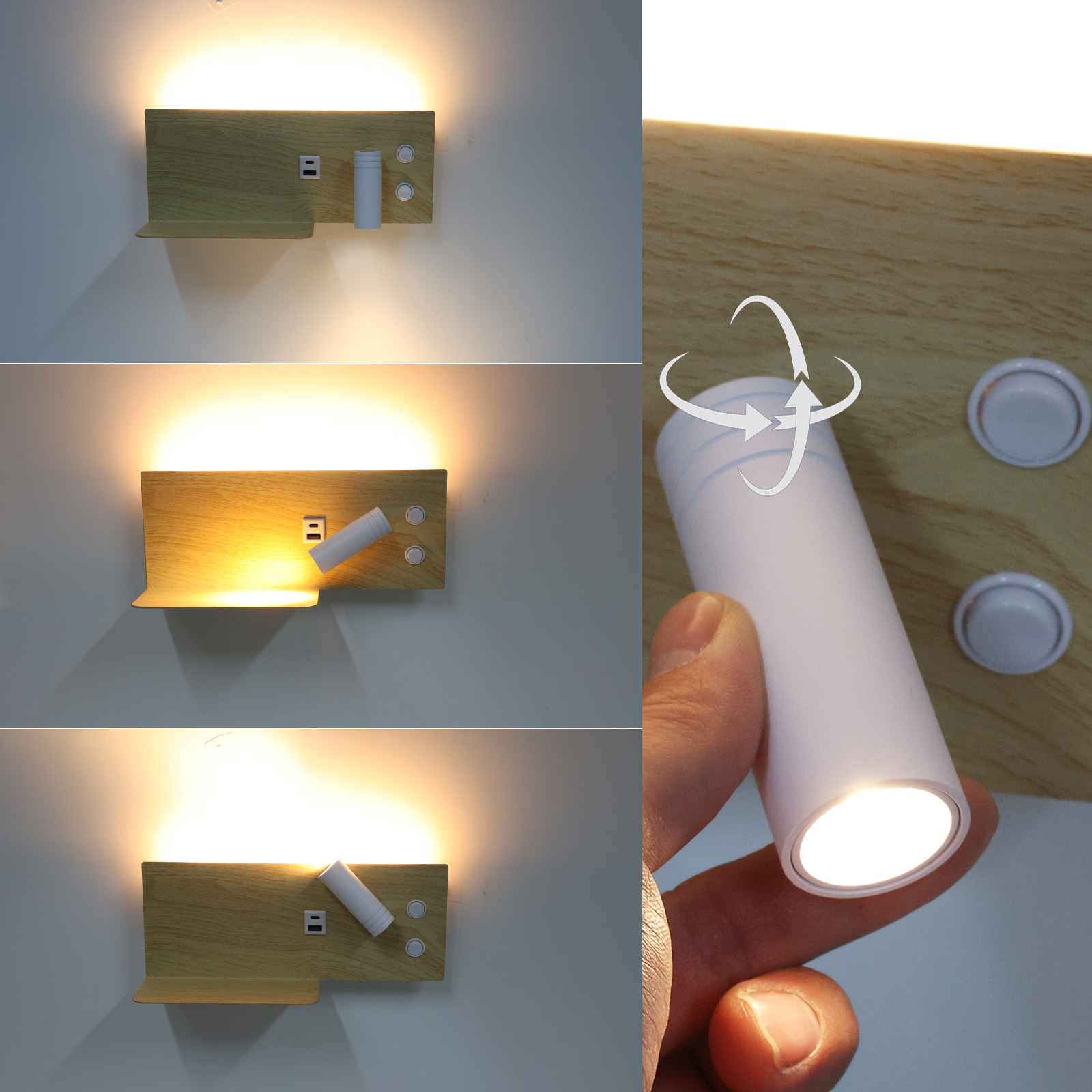 Lámpara de pared con luz ajustable, puerto USB y dos botones redondos. La luz está encendida.