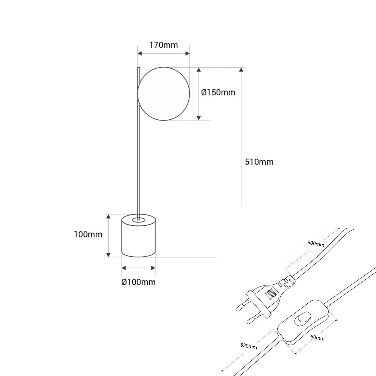 Diagrama de una lámpara de mesa con dimensiones, incluyendo un globo blanco y cable de alimentación.