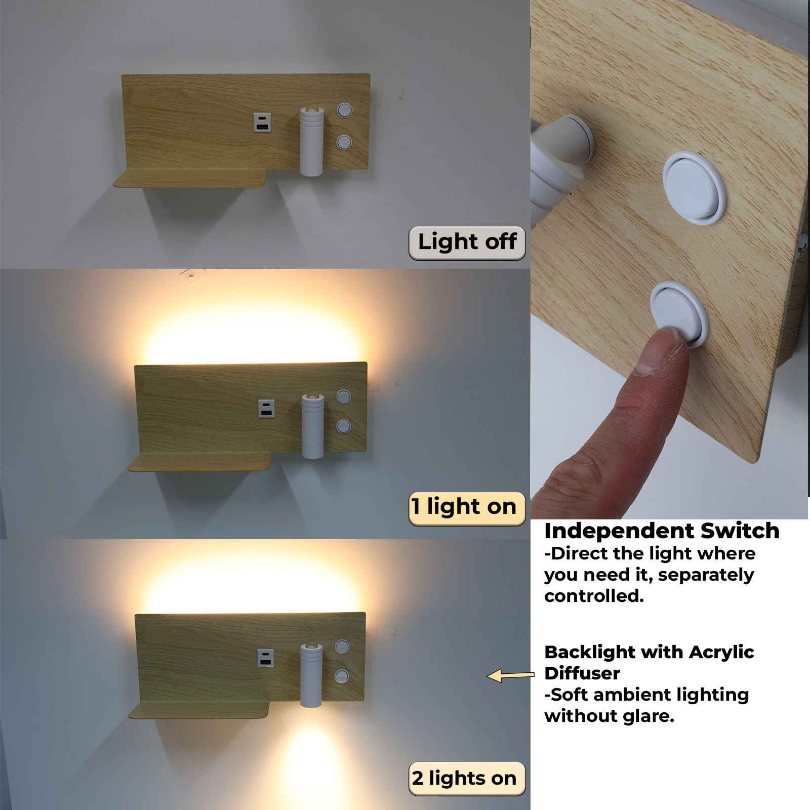 Luz de pared con panel de madera. Muestra luz apagada, 1 luz encendida y 2 luces encendidas. Texto: Interruptor independiente.