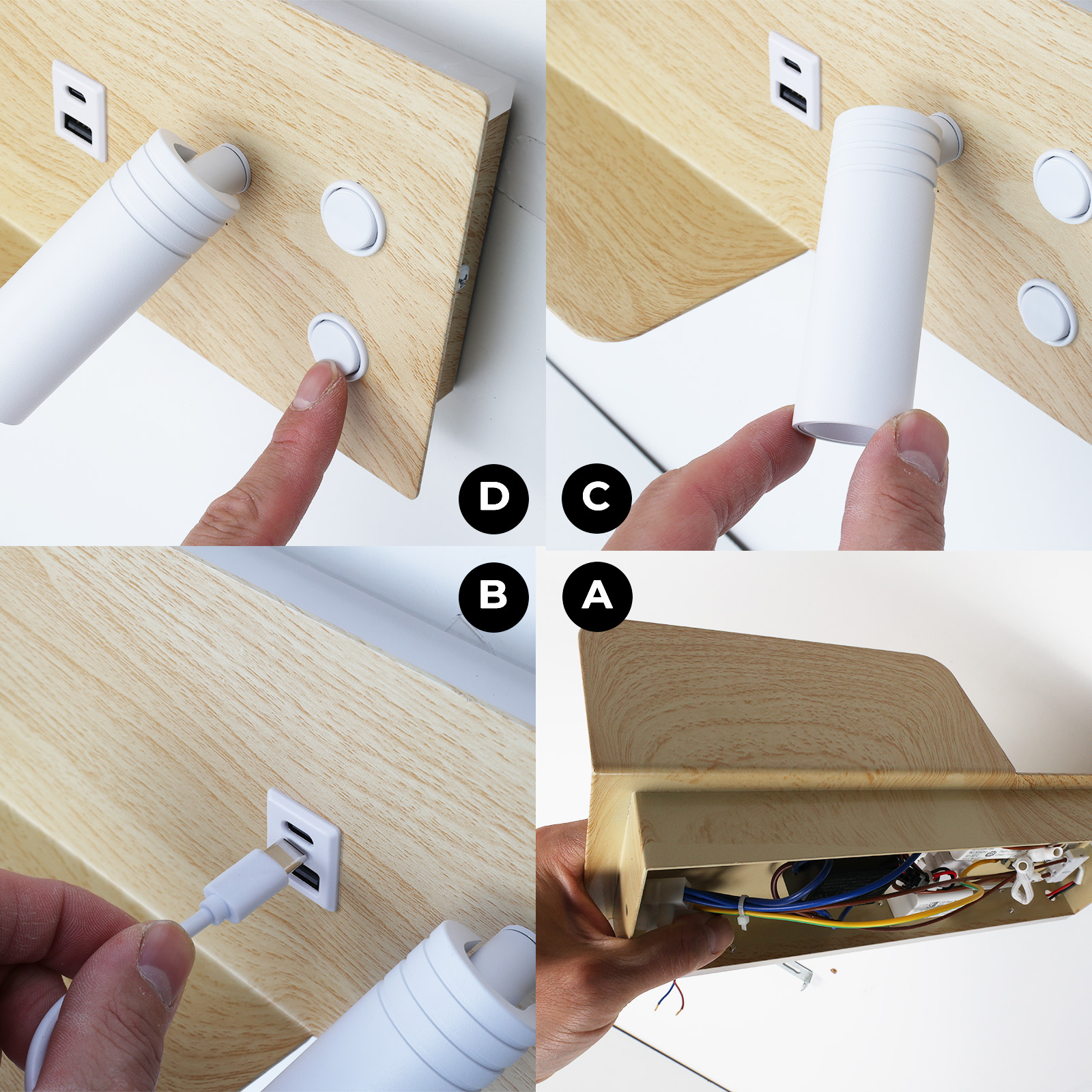Primeros planos de una lámpara de pared. Muestra botones siendo presionados y puerto USB. También muestra los componentes internos.