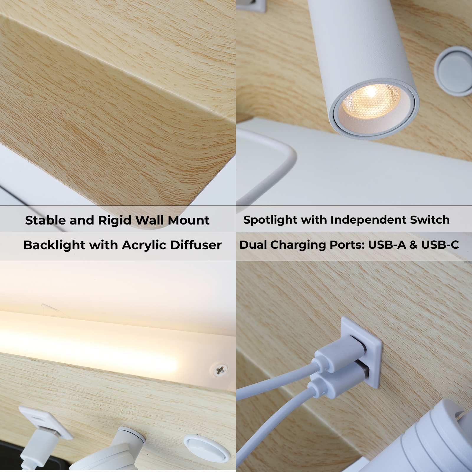 Vistas de cerca de una lámpara de noche de madera con puertos USB, foco y retroiluminación.