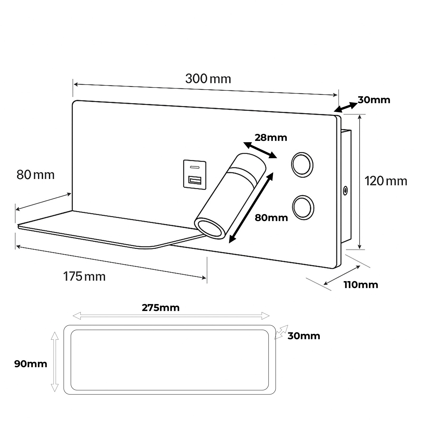Diagrama de una lámpara de pared con dimensiones. Tiene un estante, un foco y dos botones redondos.