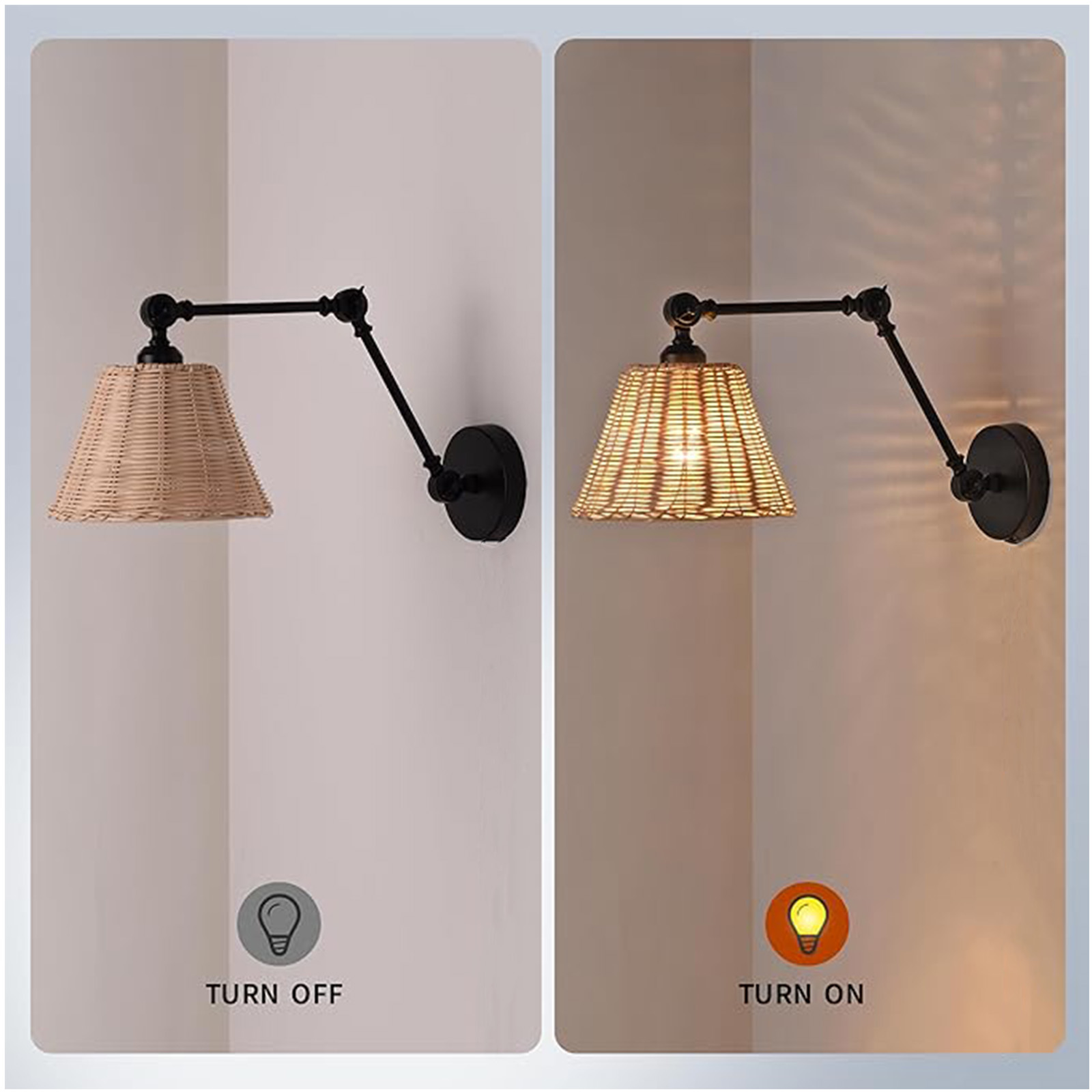 Dos imágenes comparan una lámpara de pared, una apagada y otra encendida, mostrando un brillo cálido.