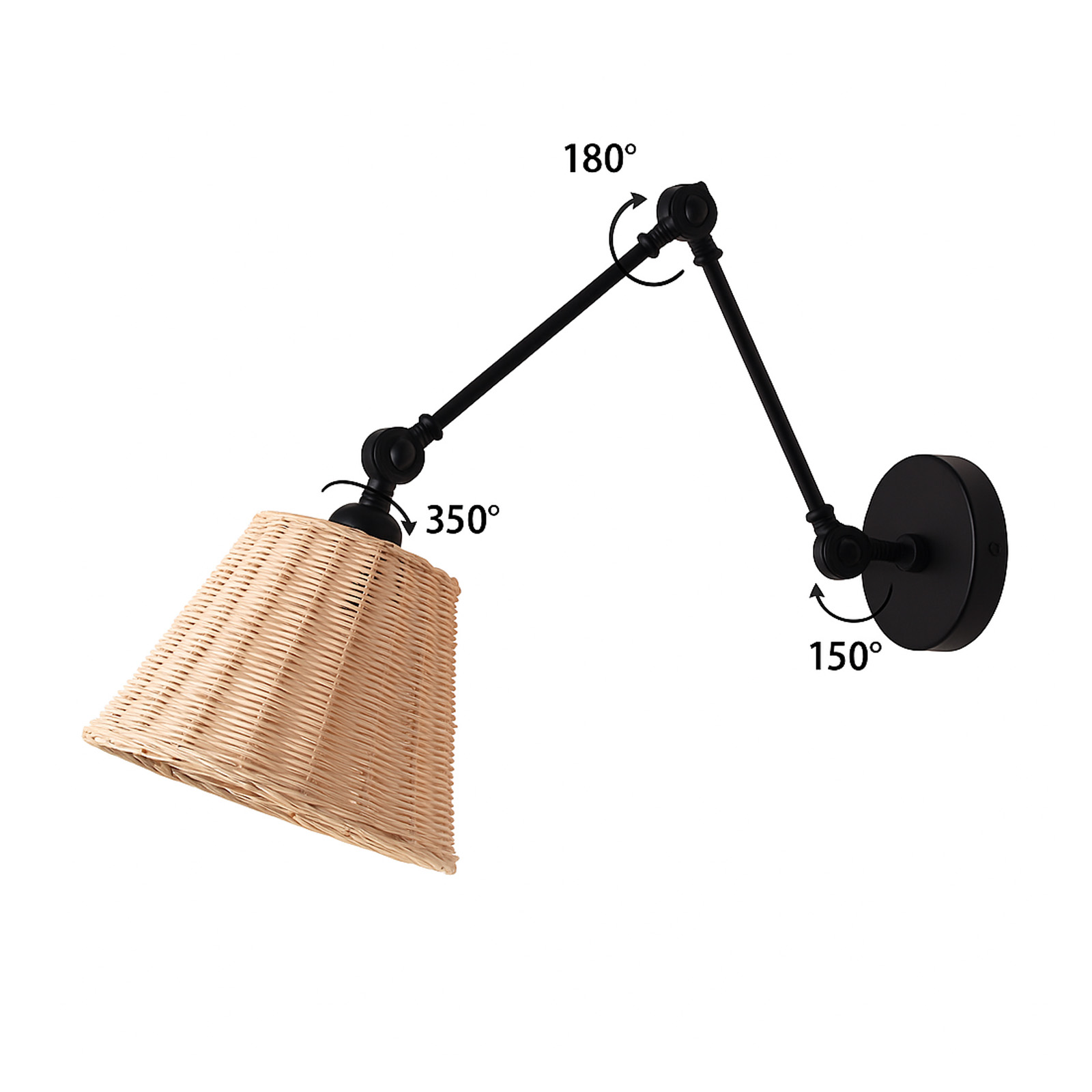 Una lámpara de pared negra con una pantalla de mimbre y brazo ajustable.