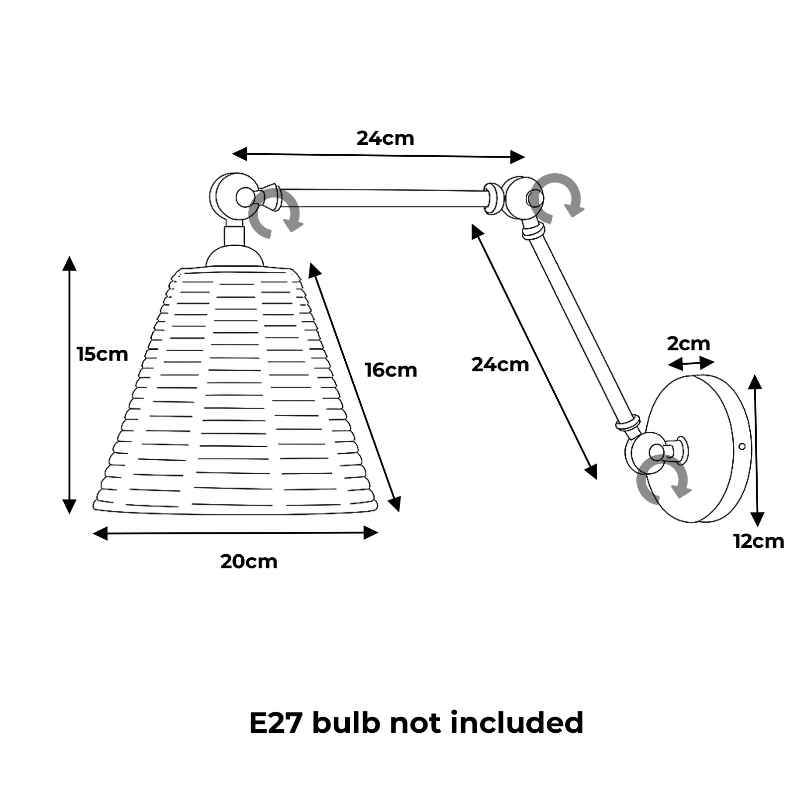 Un diagrama de una lámpara de pared con una pantalla tejida, que muestra dimensiones y detalles del brazo ajustable.