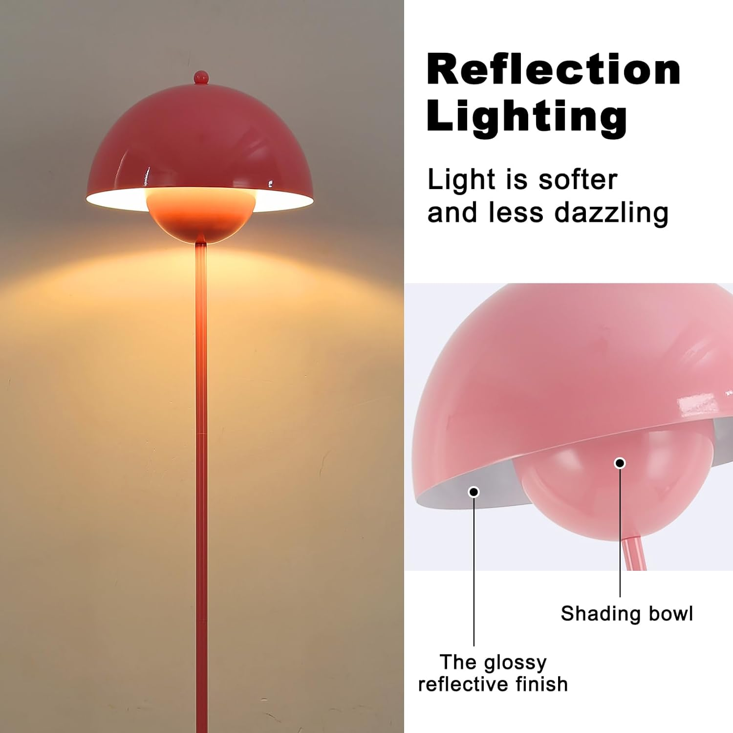 Lámpara de pie rosa con pantalla en forma de hongo, reflejando luz. Texto: 'Reflection Lighting' y detalles.