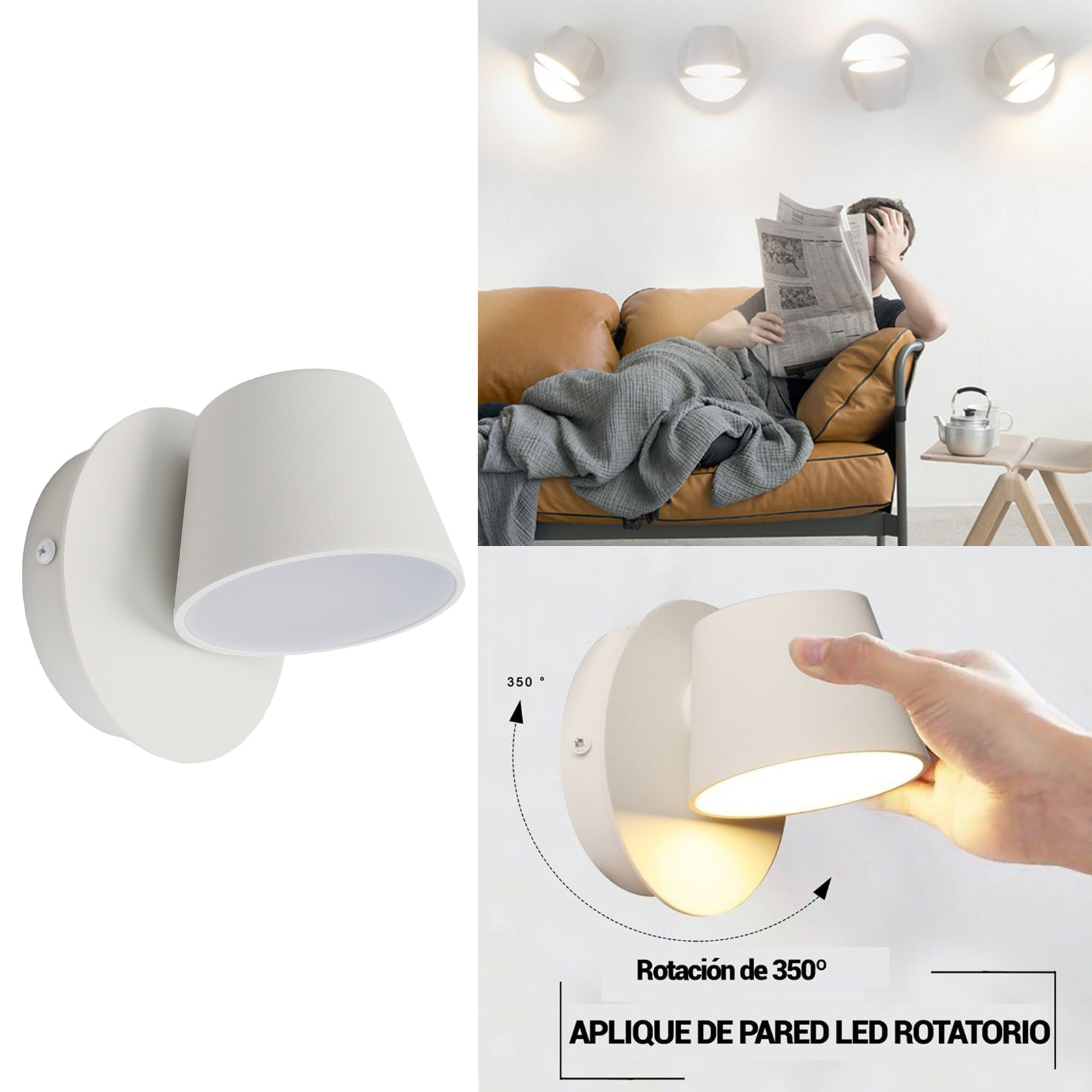Lámpara de pared blanca con pantalla ajustable. La imagen también muestra su montaje y a una persona leyendo.