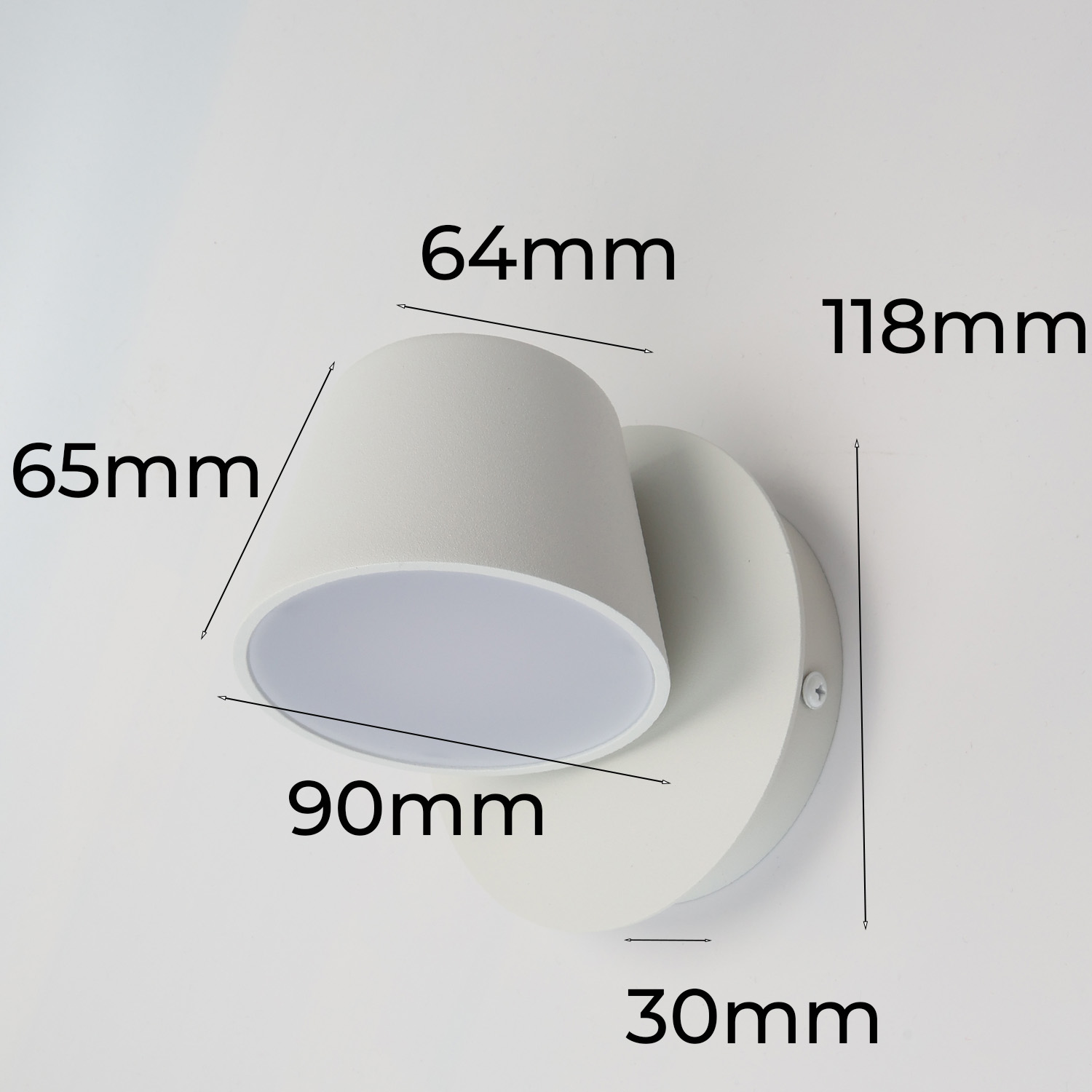 Lámpara de pared blanca con dimensiones etiquetadas en milímetros: 65 mm, 90 mm, 64 mm, 118 mm, 30 mm.