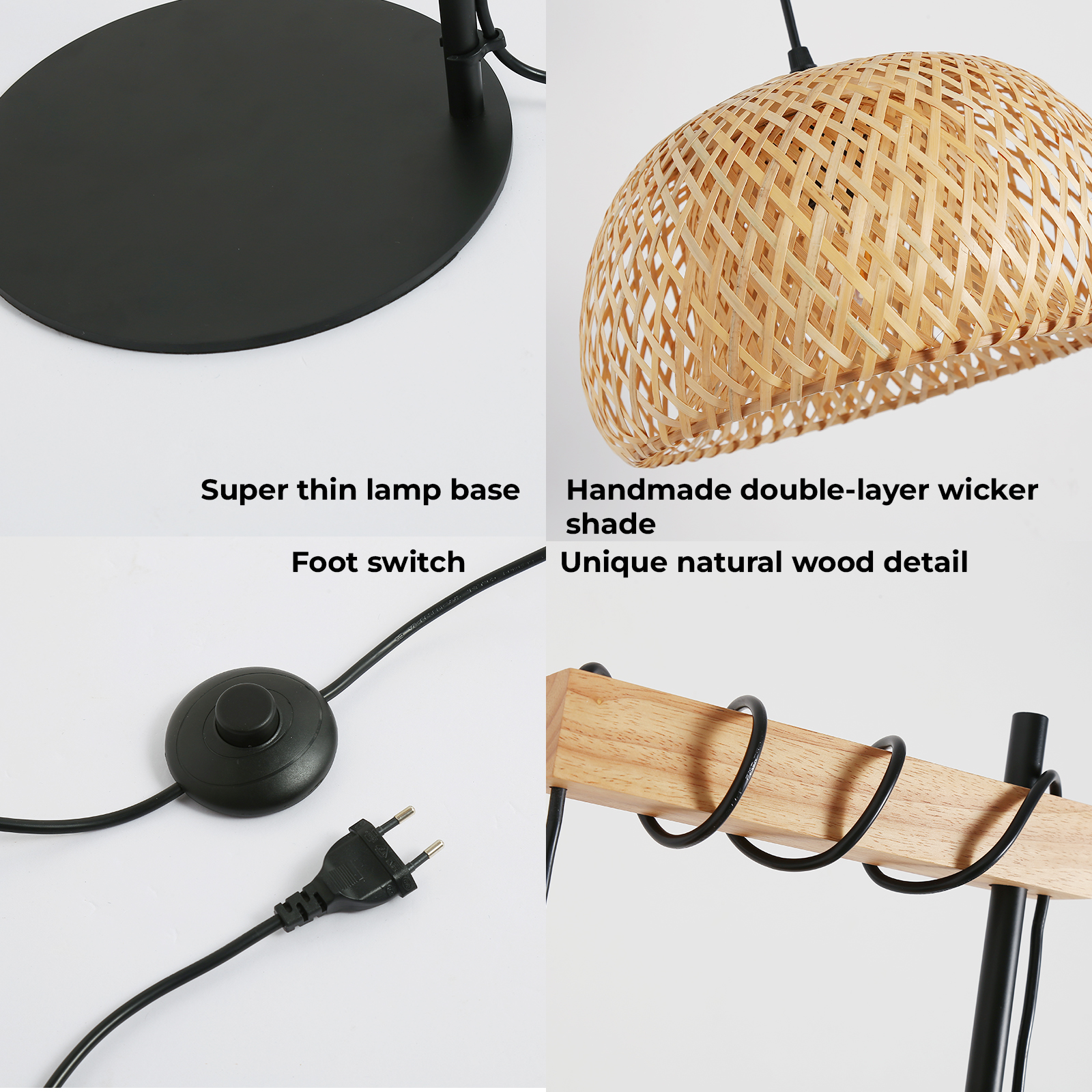 Primer plano de una lámpara de pie, que muestra su base, pantalla de mimbre, interruptor de pie y enchufe.