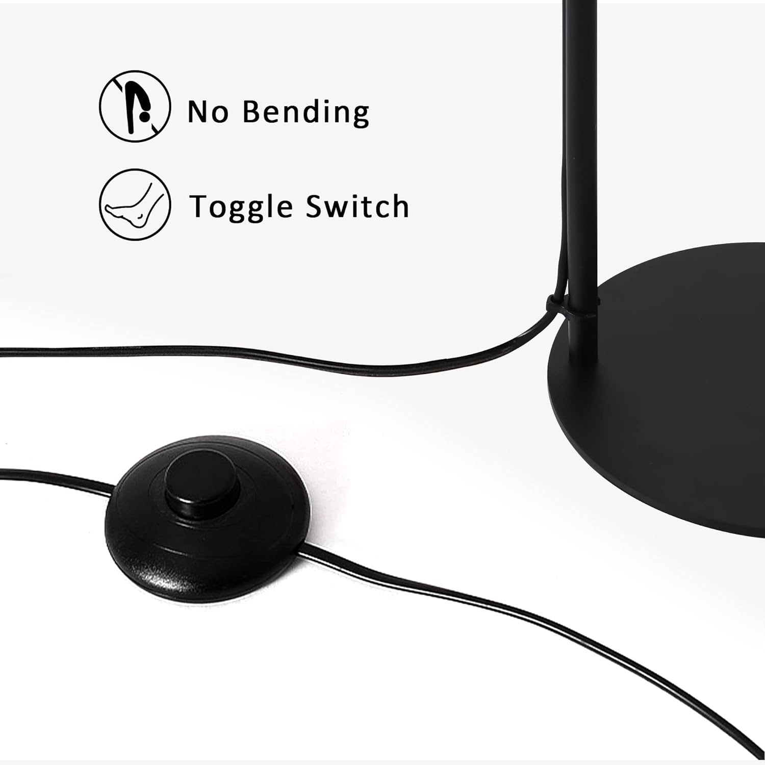 Primer plano del interruptor de pie de una lámpara de pie y un icono de interruptor basculante, etiquetado 'No Bending'.