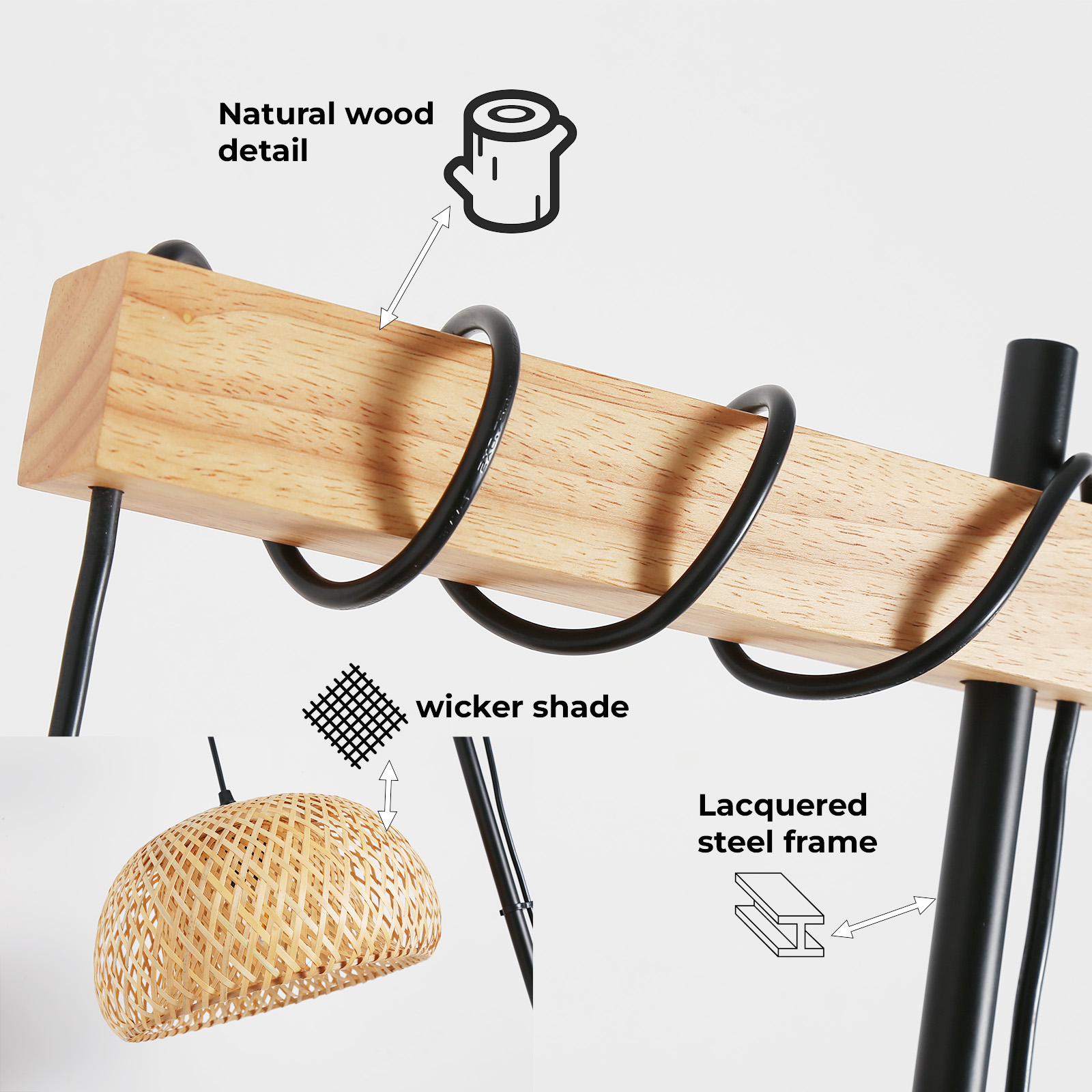 Primer plano de los detalles de una lámpara de pie, incluyendo una pantalla de mimbre, detalles de madera y un marco de acero lacado.