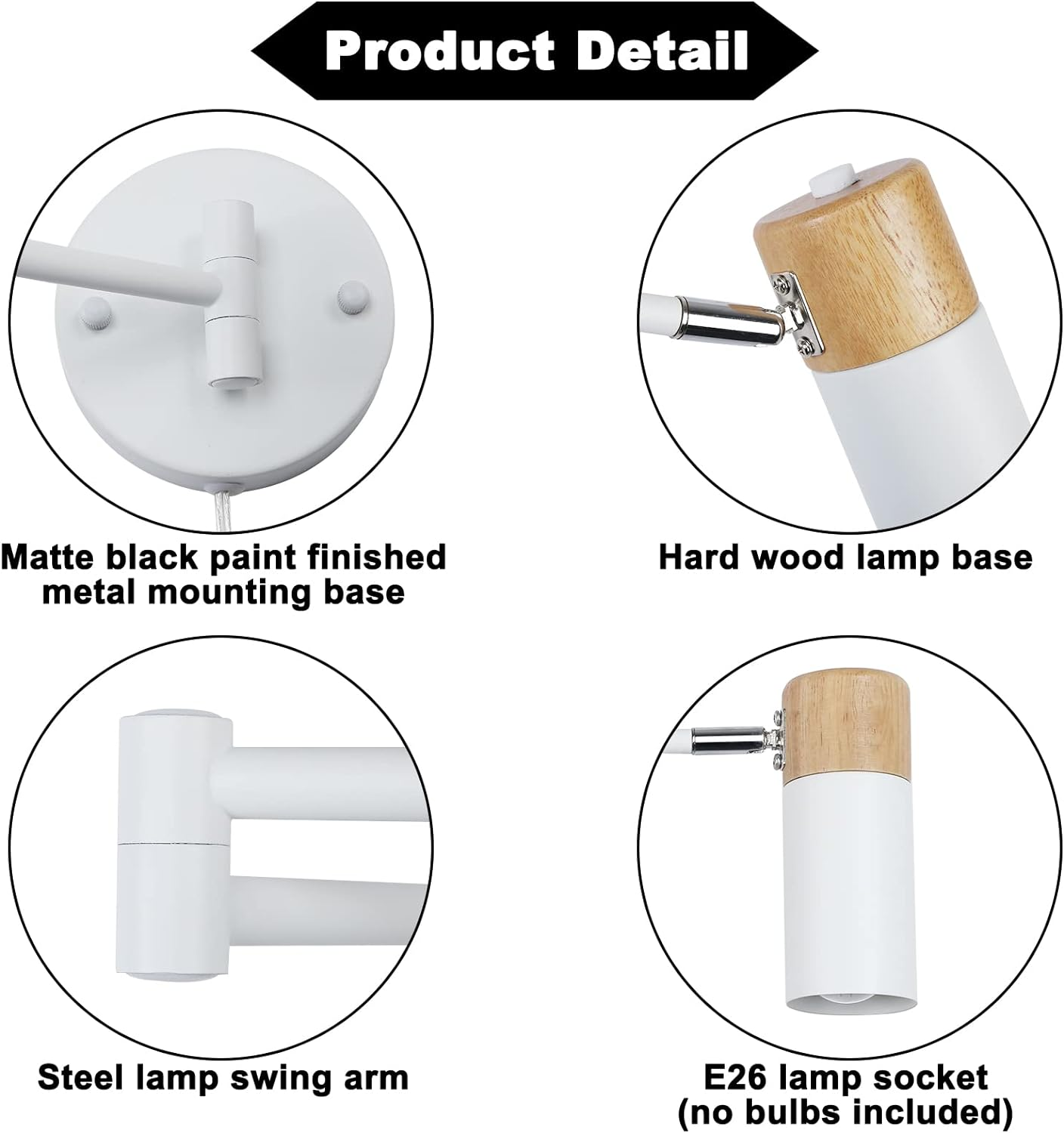 Imagen de detalle del producto. Muestra una base de montaje de metal negro mate, una base de lámpara de madera dura y un brazo oscilante de acero.