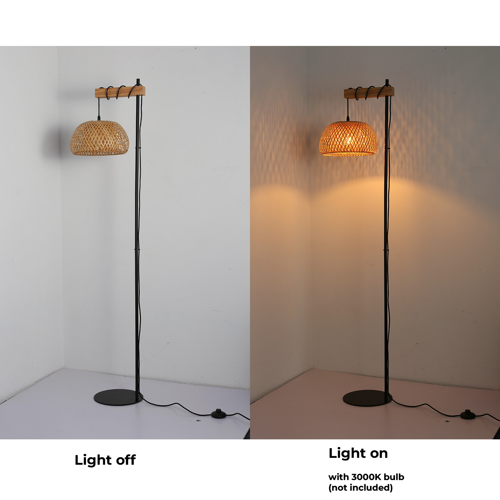 Una lámpara de pie, con una pantalla de ratán, se muestra con la luz encendida y apagada. La lámpara está en una esquina.