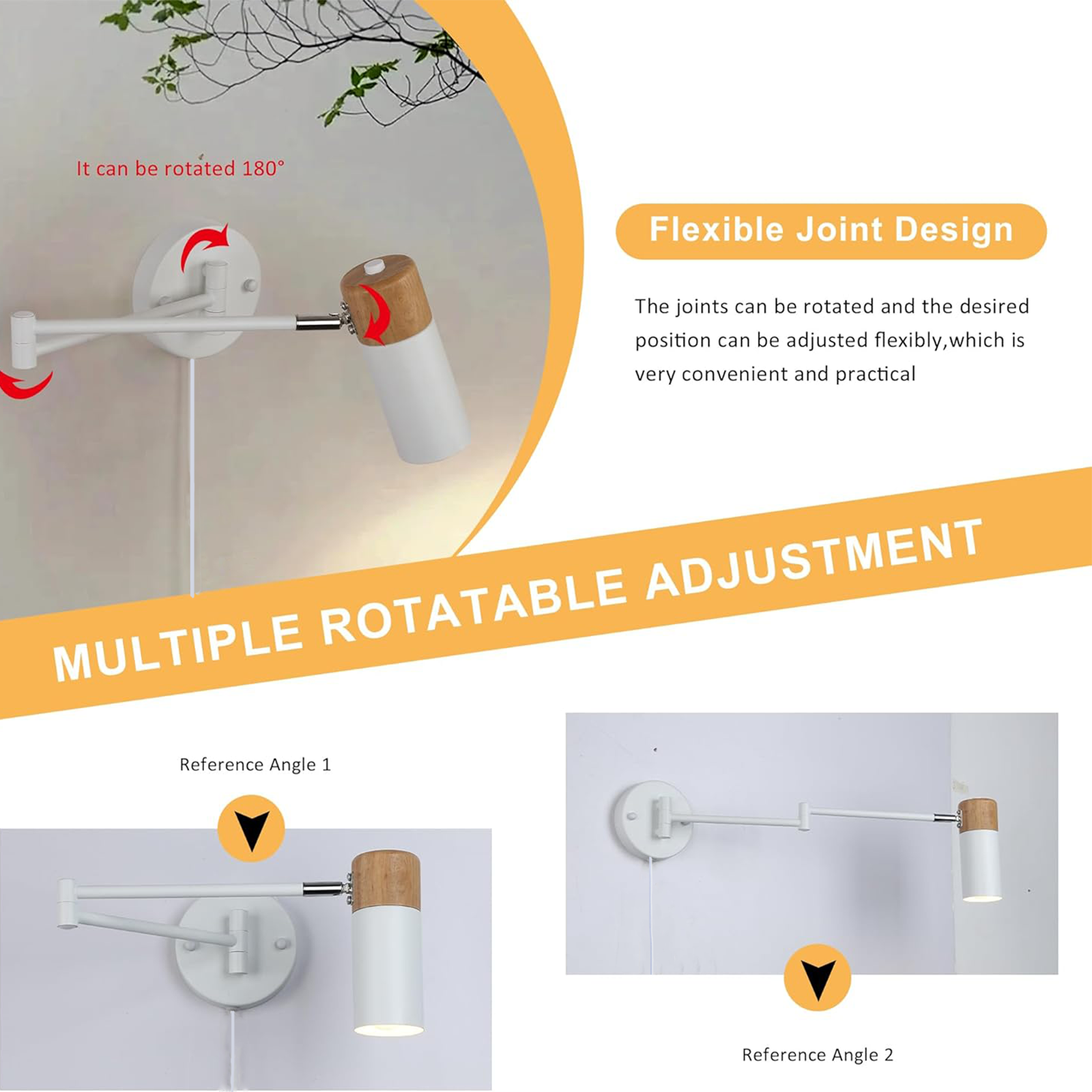 Diagrama de una lámpara de pared blanca. Múltiples vistas y etiquetas muestran las características ajustables.