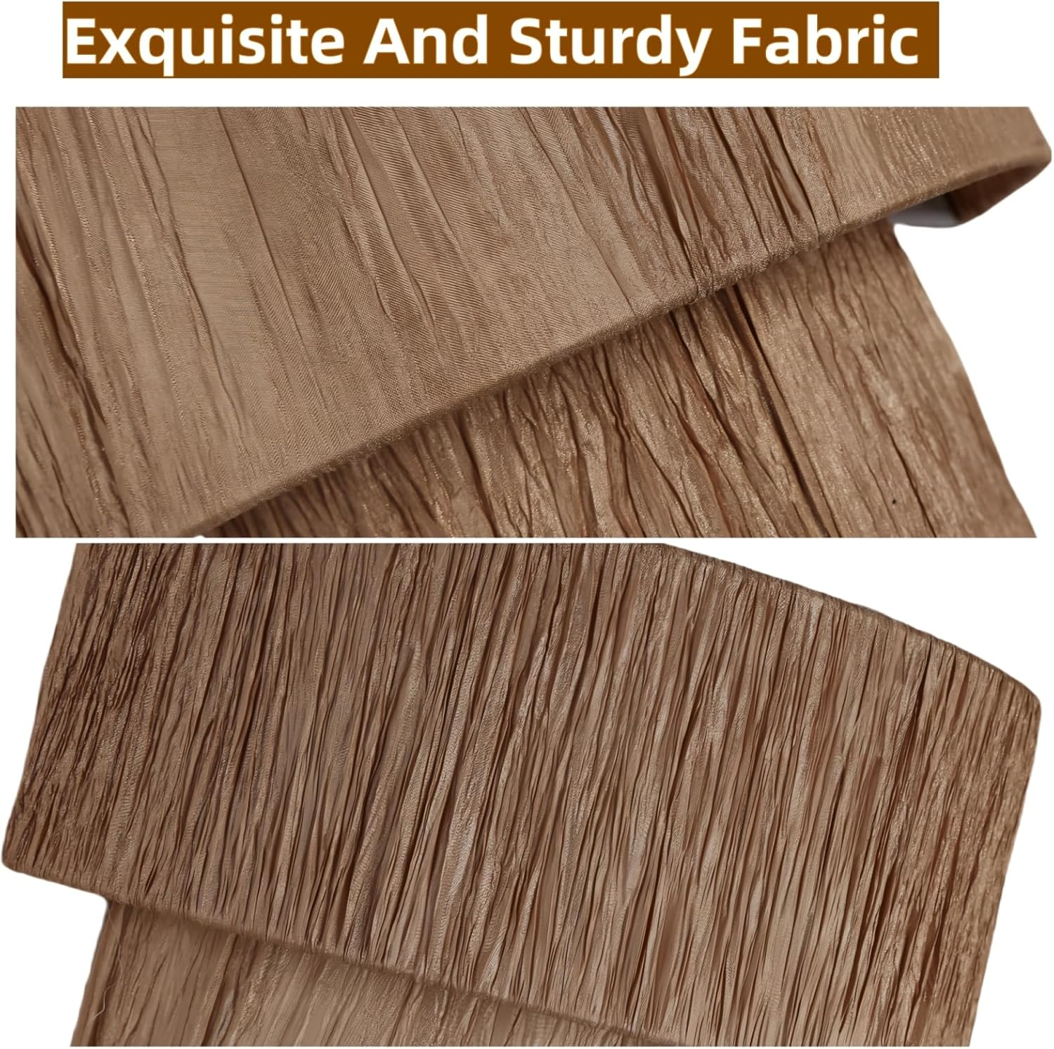 Primer plano de una tela beige texturizada. Dos imágenes detalladas muestran su diseño plisado.