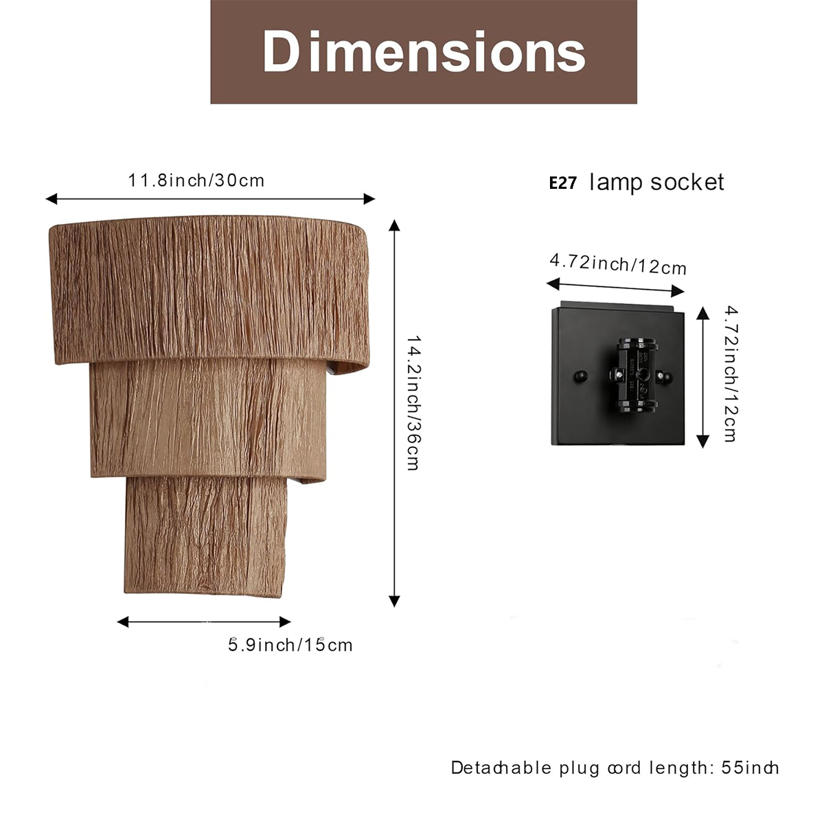 Diagrama de una lámpara de pared beige con dimensiones en pulgadas y centímetros. Detalles del casquillo E27.