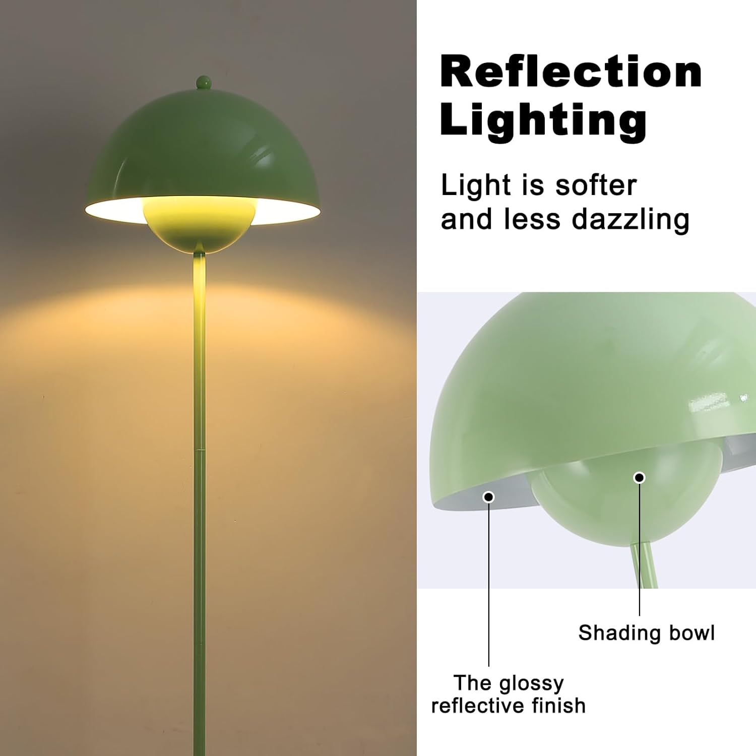 Una lámpara de pie verde con una pantalla en forma de cúpula. El texto a la derecha dice Iluminación de reflexión.