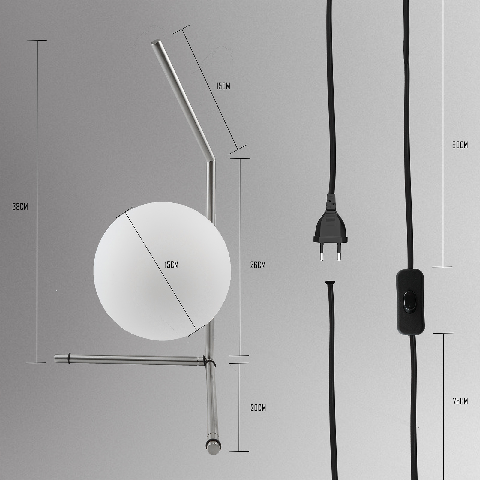 Una lámpara con un globo blanco y un marco plateado. Las dimensiones están etiquetadas. Cable de alimentación negro.