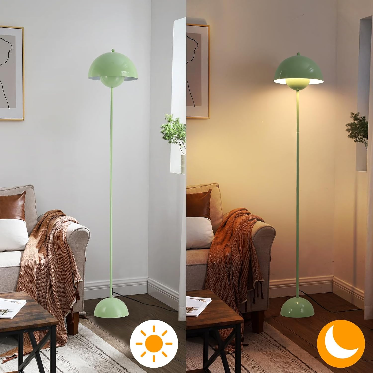 Una lámpara de pie verde con una pantalla en forma de cúpula. La lámpara se muestra en modos diurno y nocturno.