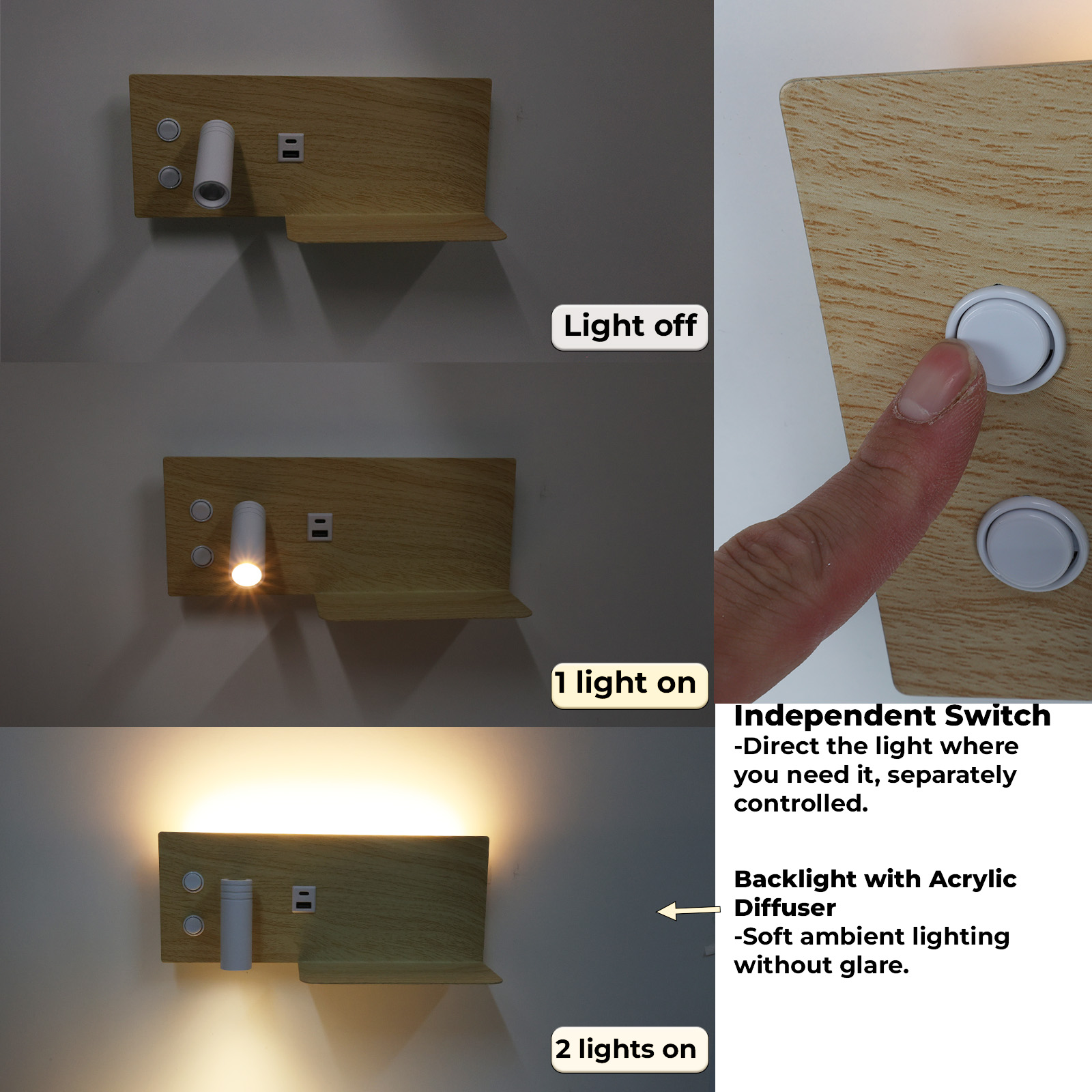 Una luz montada en la pared, apagada, una luz encendida y dos luces encendidas. Una mano toca el interruptor.