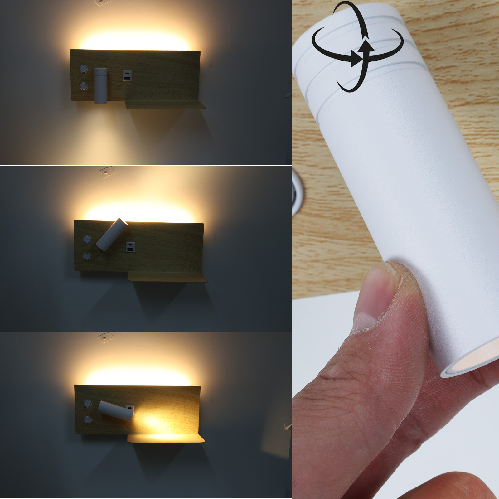 Una luz montada en la pared de madera con un foco y puertos USB. La luz se puede ajustar.
