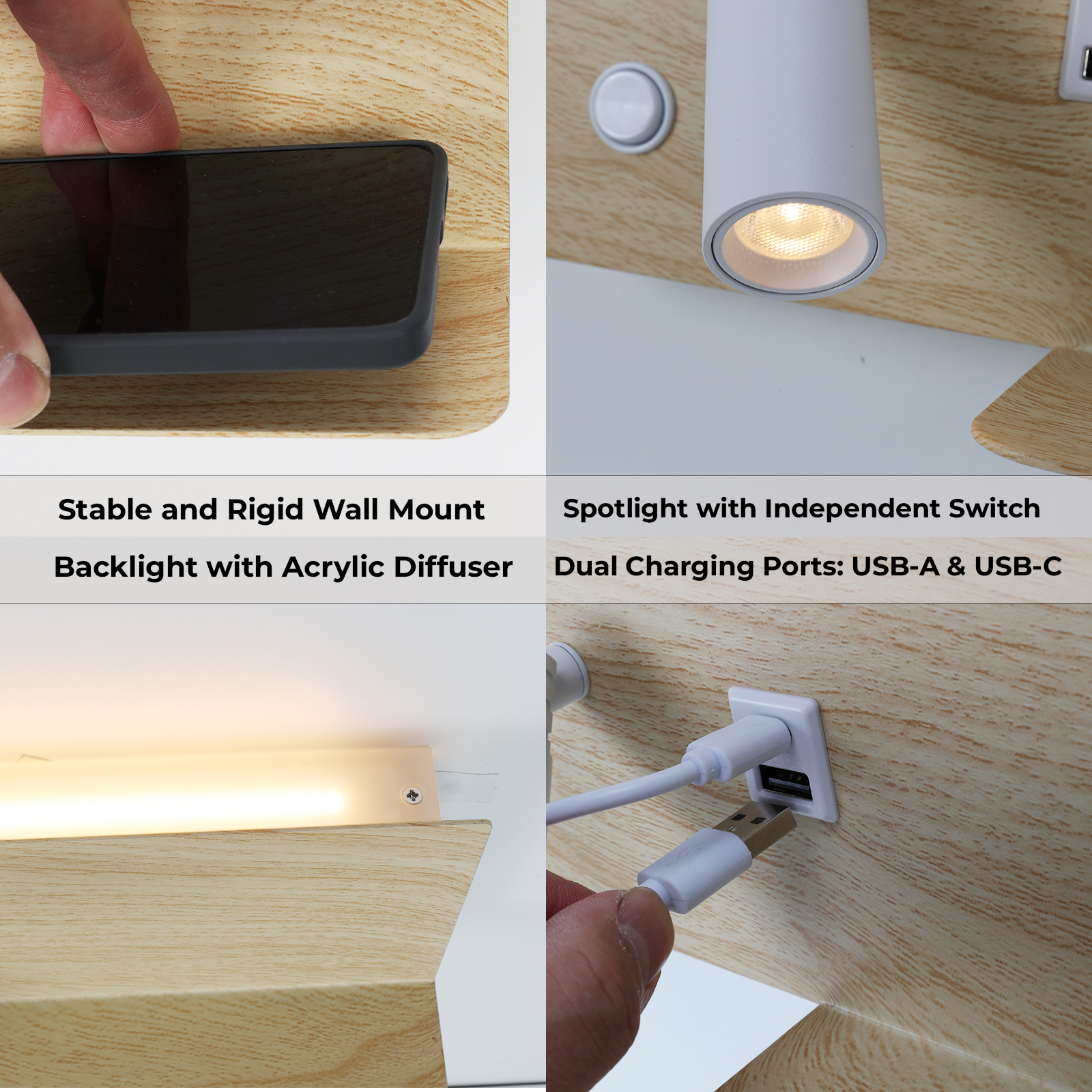 Primeros planos de una luz montada en la pared con características como un puerto USB y una retroiluminación.