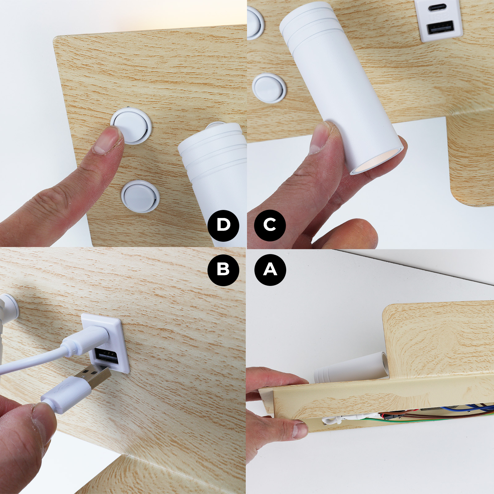 Primeros planos muestran una lámpara de pared de madera con puertos USB e interruptores.