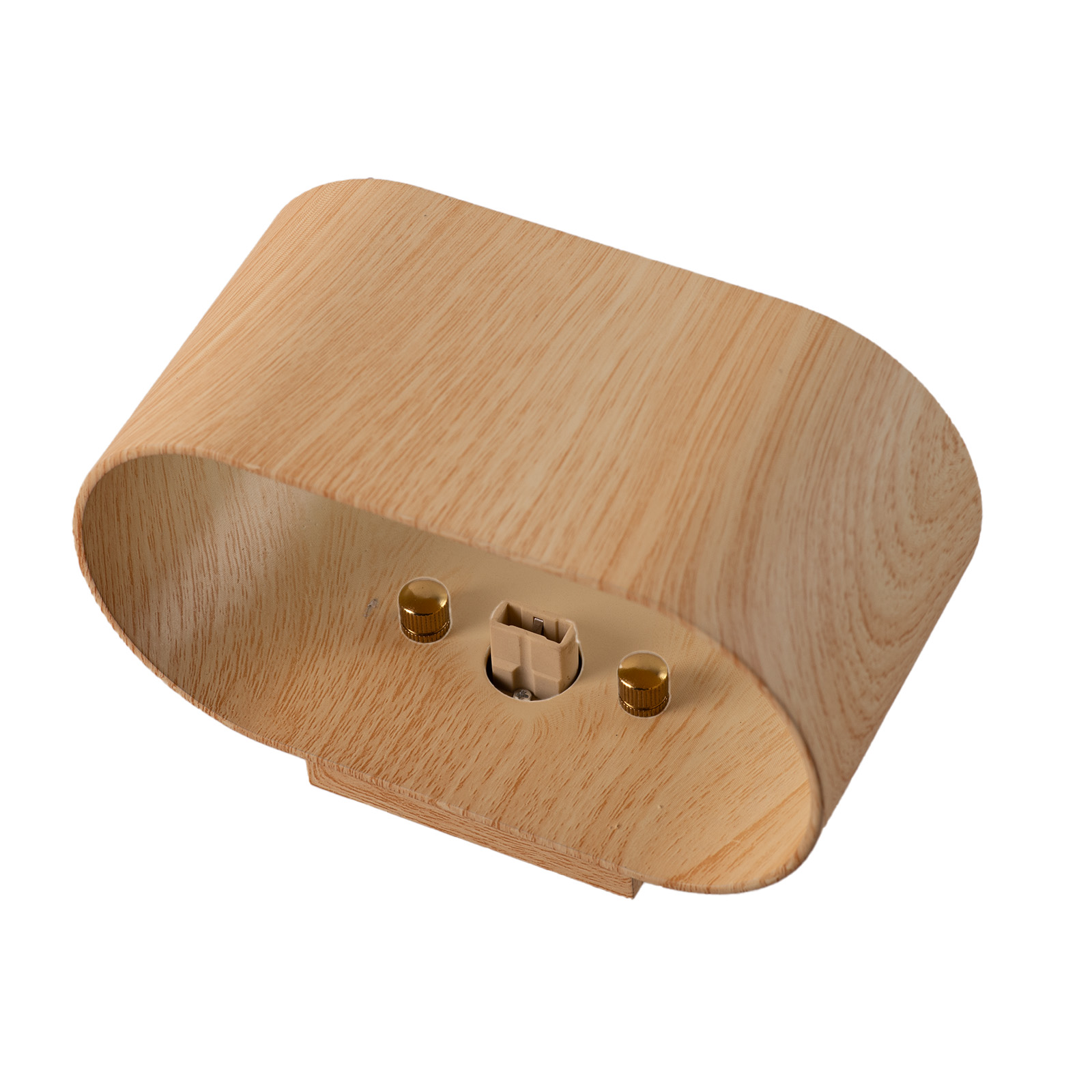 Base de lámpara de madera con dos tornillos y un enchufe para la bombilla.