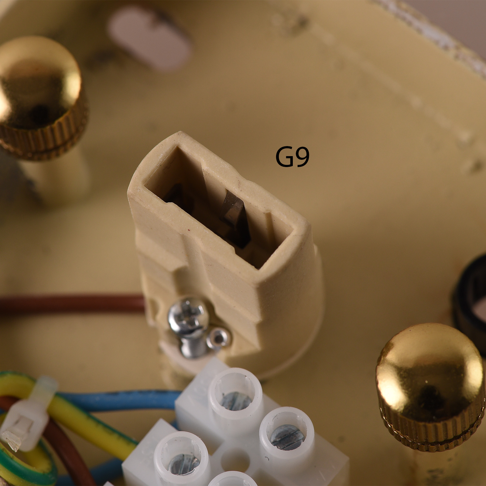 Primer plano de un portalámparas con un enchufe beige, tornillos metálicos y una tapa dorada. También se ve el texto 'G9'.