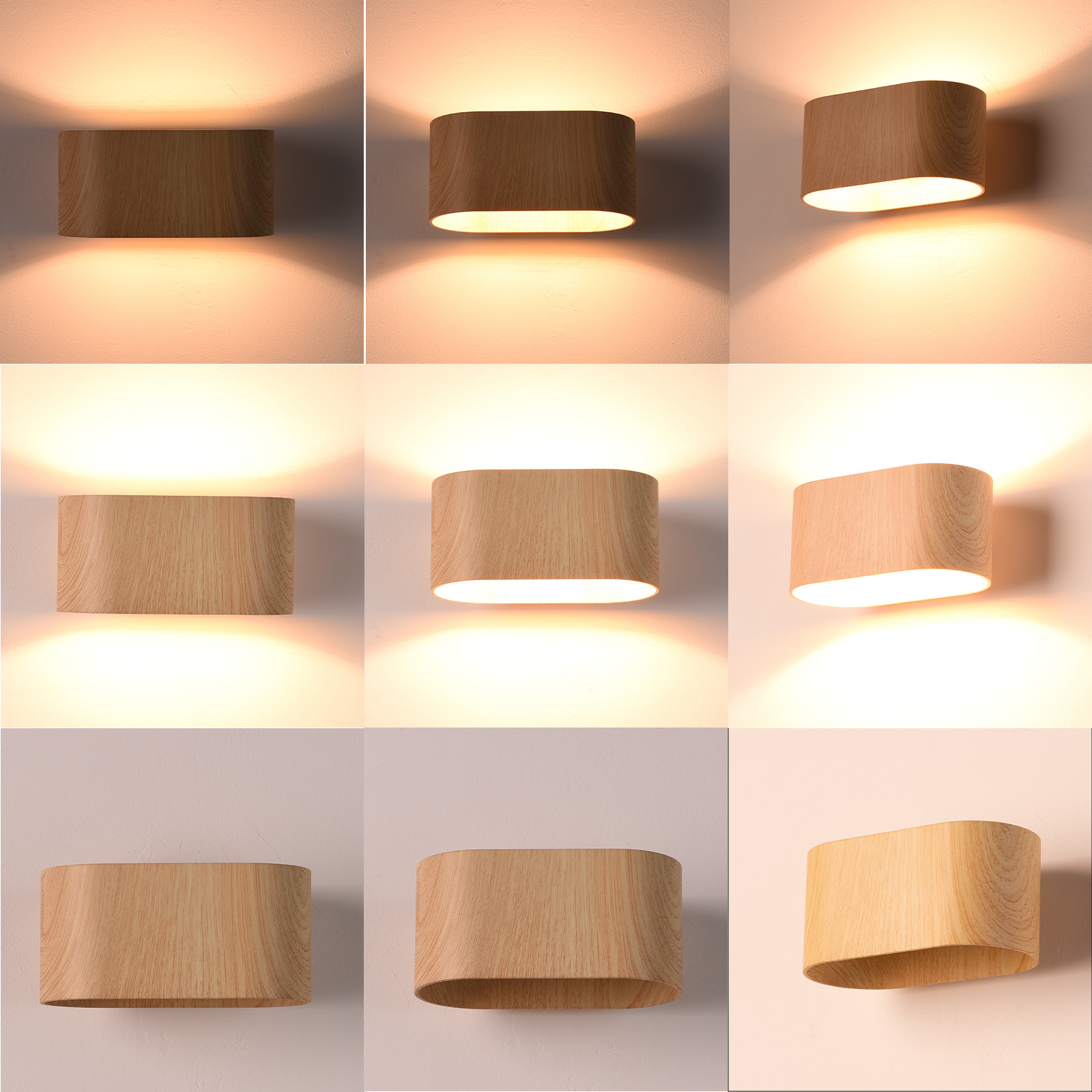 Se muestran nueve lámparas de pared de madera. Cada una es de forma ovalada con luz interior.