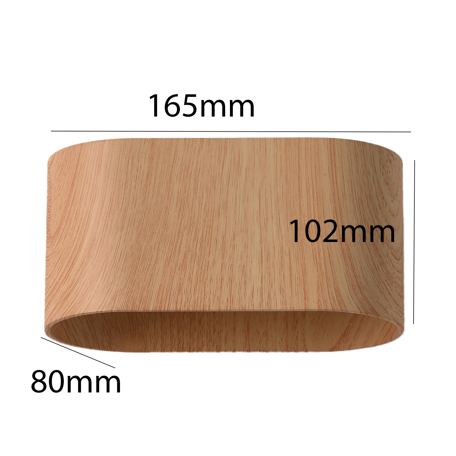 Pantalla de lámpara de madera con dimensiones: 165 mm, 102 mm y 80 mm.