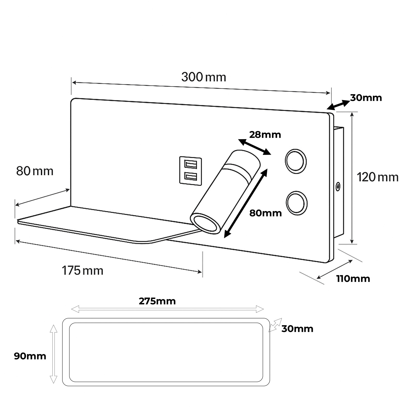Dibujo técnico de una lámpara de pared con dimensiones. Placa rectangular con un foco.