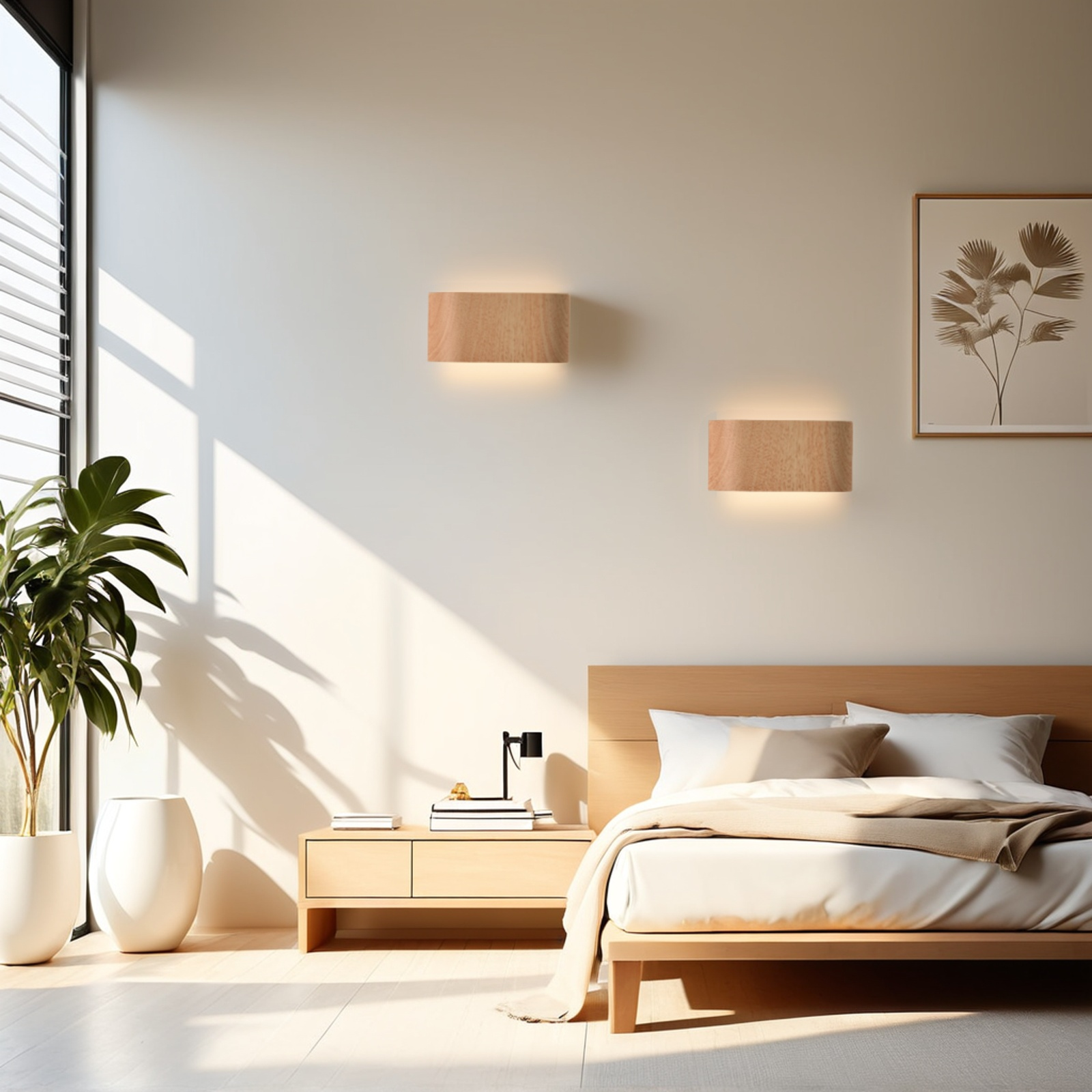 Escena de dormitorio moderno con dos lámparas de pared de madera. Hay una cama, una planta y un marco.